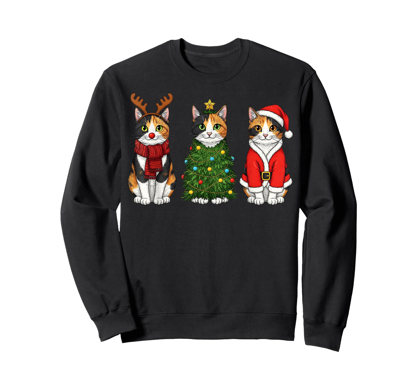 Retro Christmas Calico Cat Santa Reindeer T-Shirt