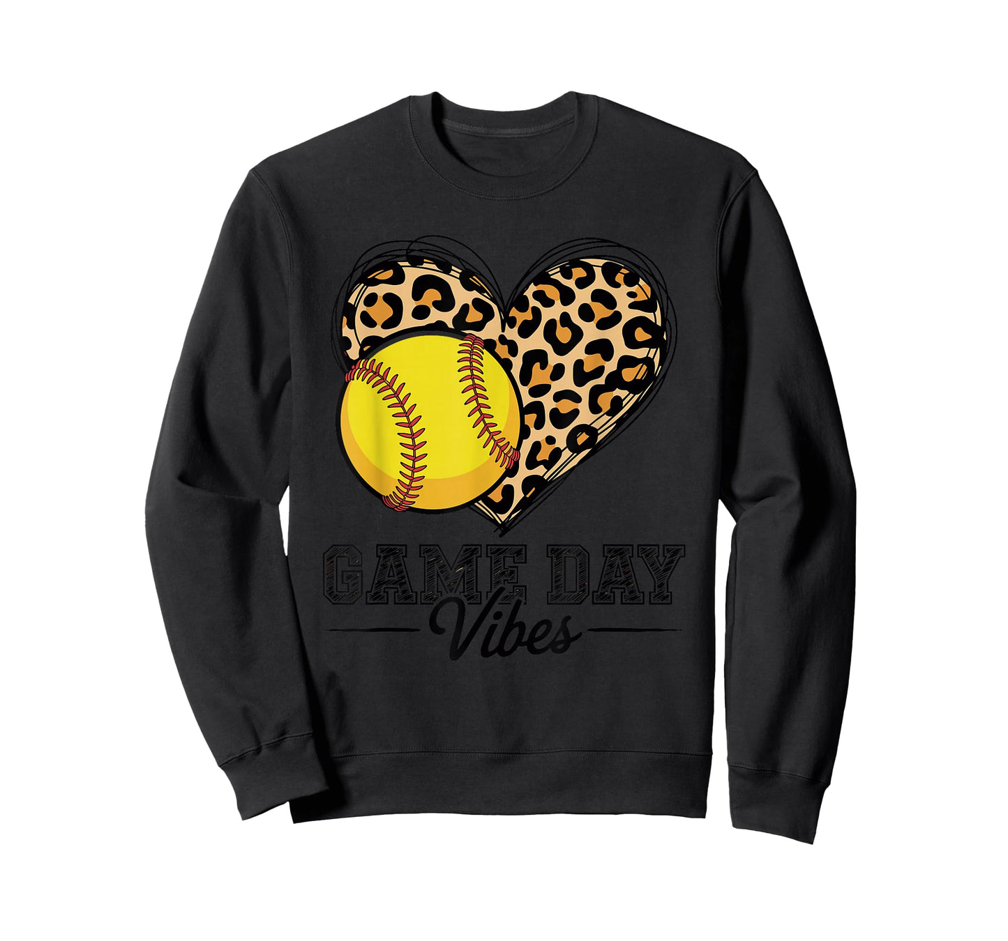 Softball Leopard Heart Graphic Fastpitch Game Day Vibes T-Shirt
