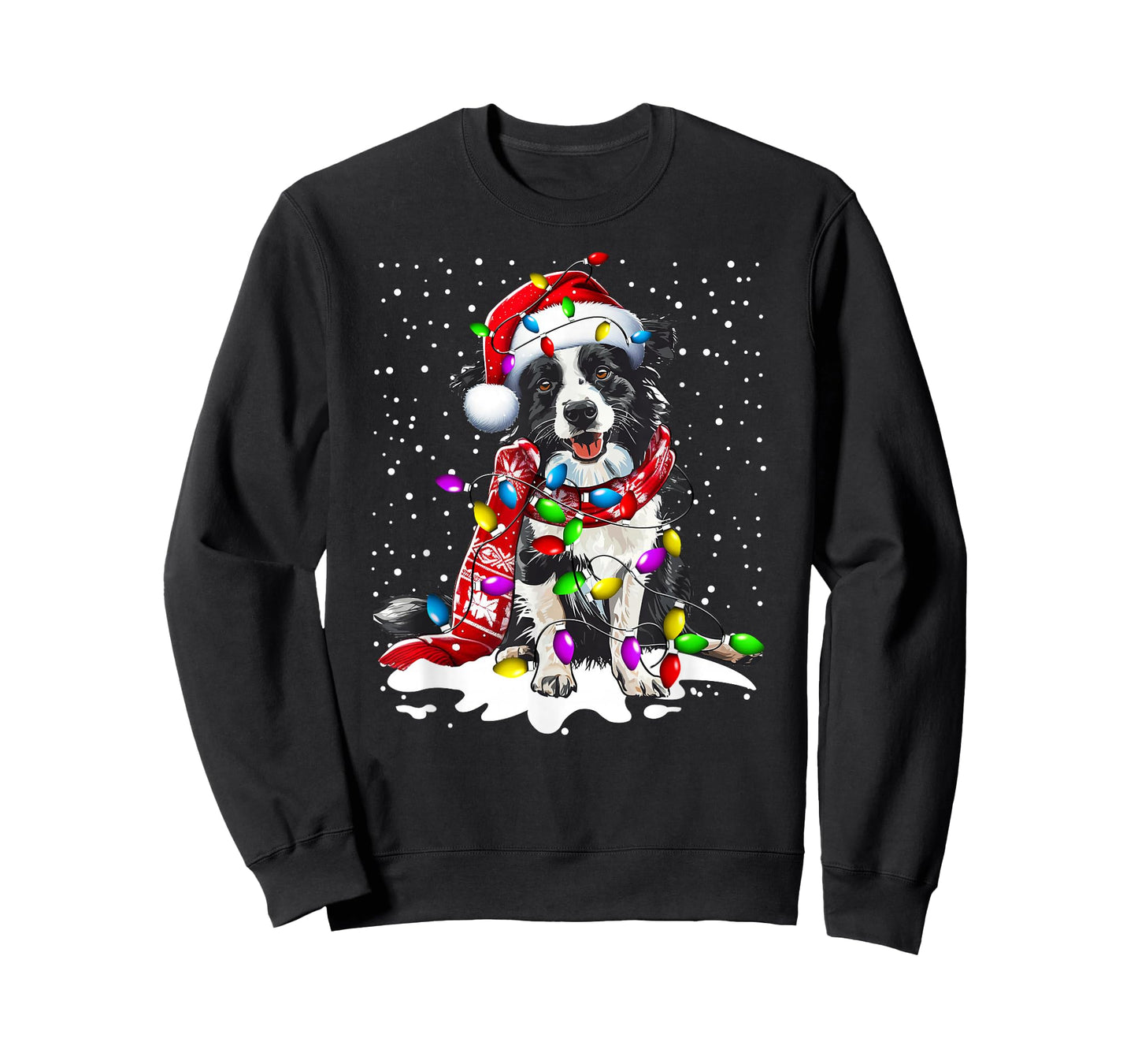 Border Collie Dog Lighting Xmas Santa Hat Christmas T-Shirt