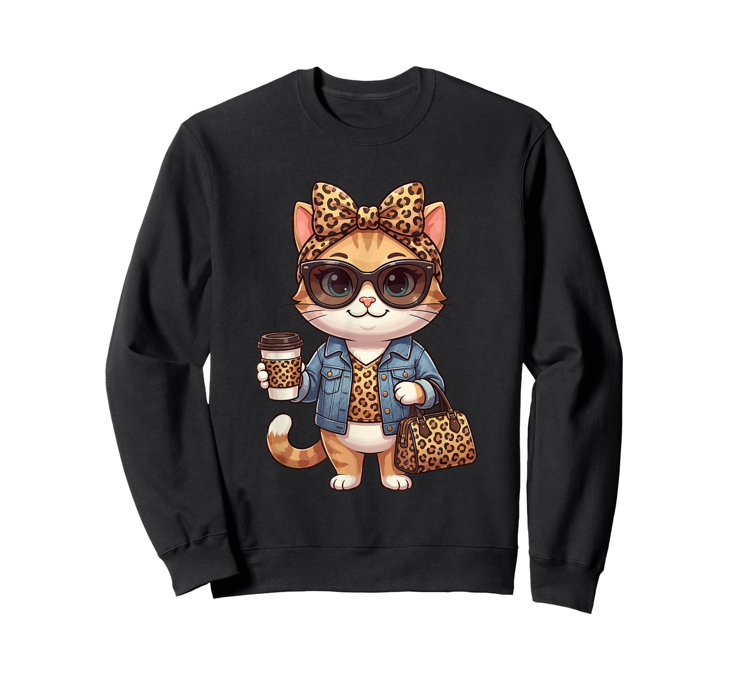 Fashion Funny Leopard Cat Coffee Cute Women Girls T-Shirt