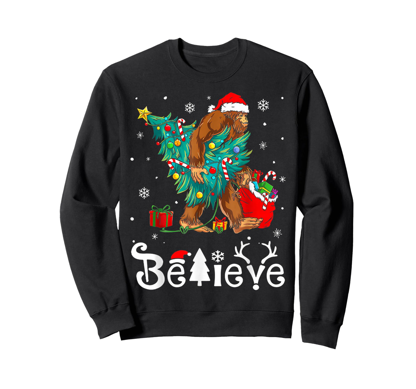 Santa Bigfoot Christmas Tree Xmas Lights Boys Men Sasquax T-Shirt