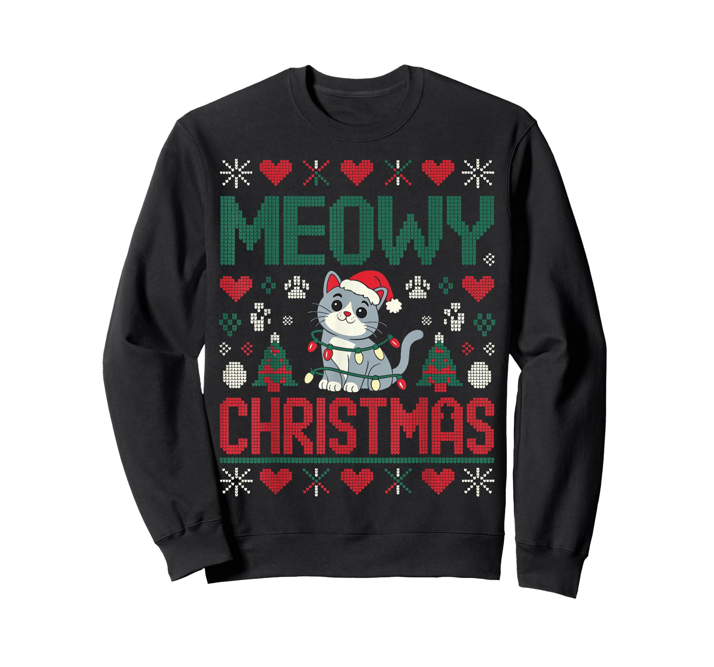 Funny Meowy Christmas Ugly Xmas Cute Lights CAT Santa Family T-Shirt