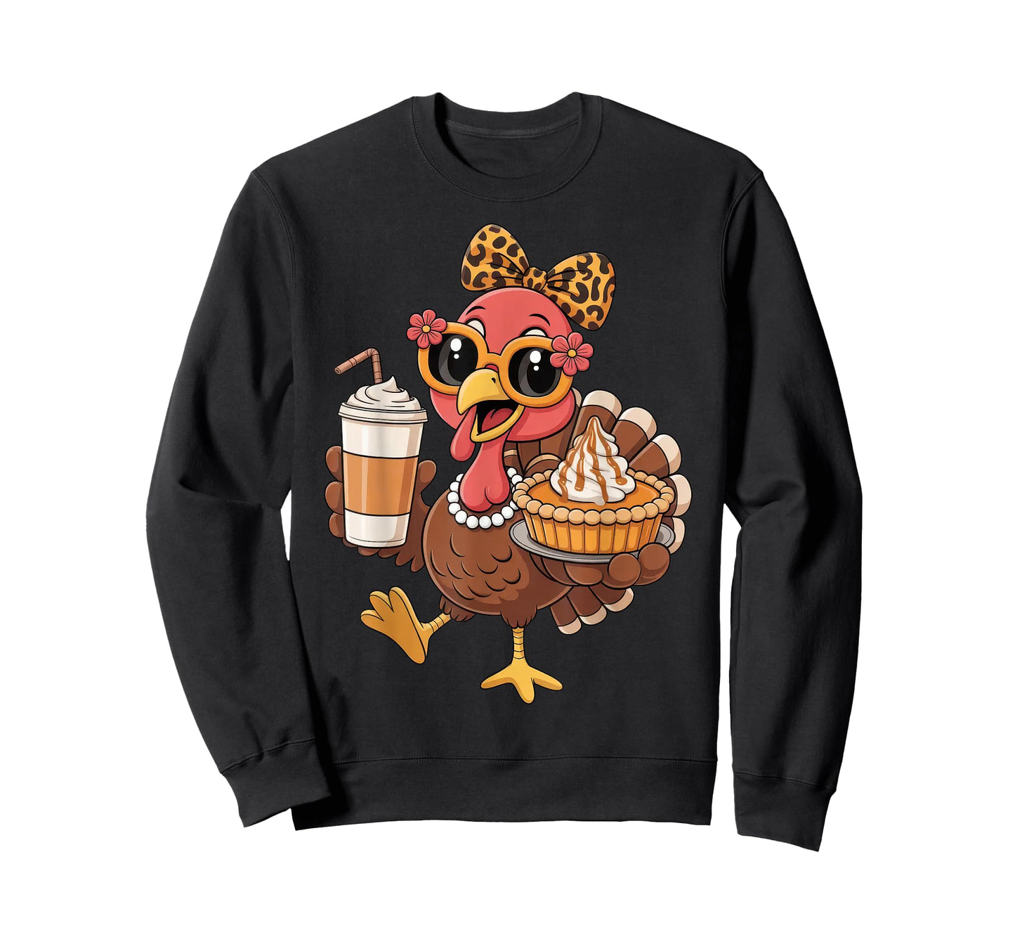 Turkey Drinking Coffee Bow Thanksgiving Leopard Women T-Shirt