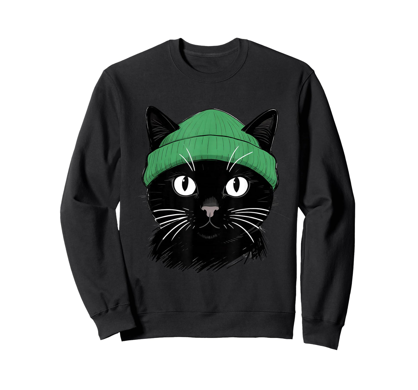 Black Cat with Green Beanie Vintage Design T-Shirt