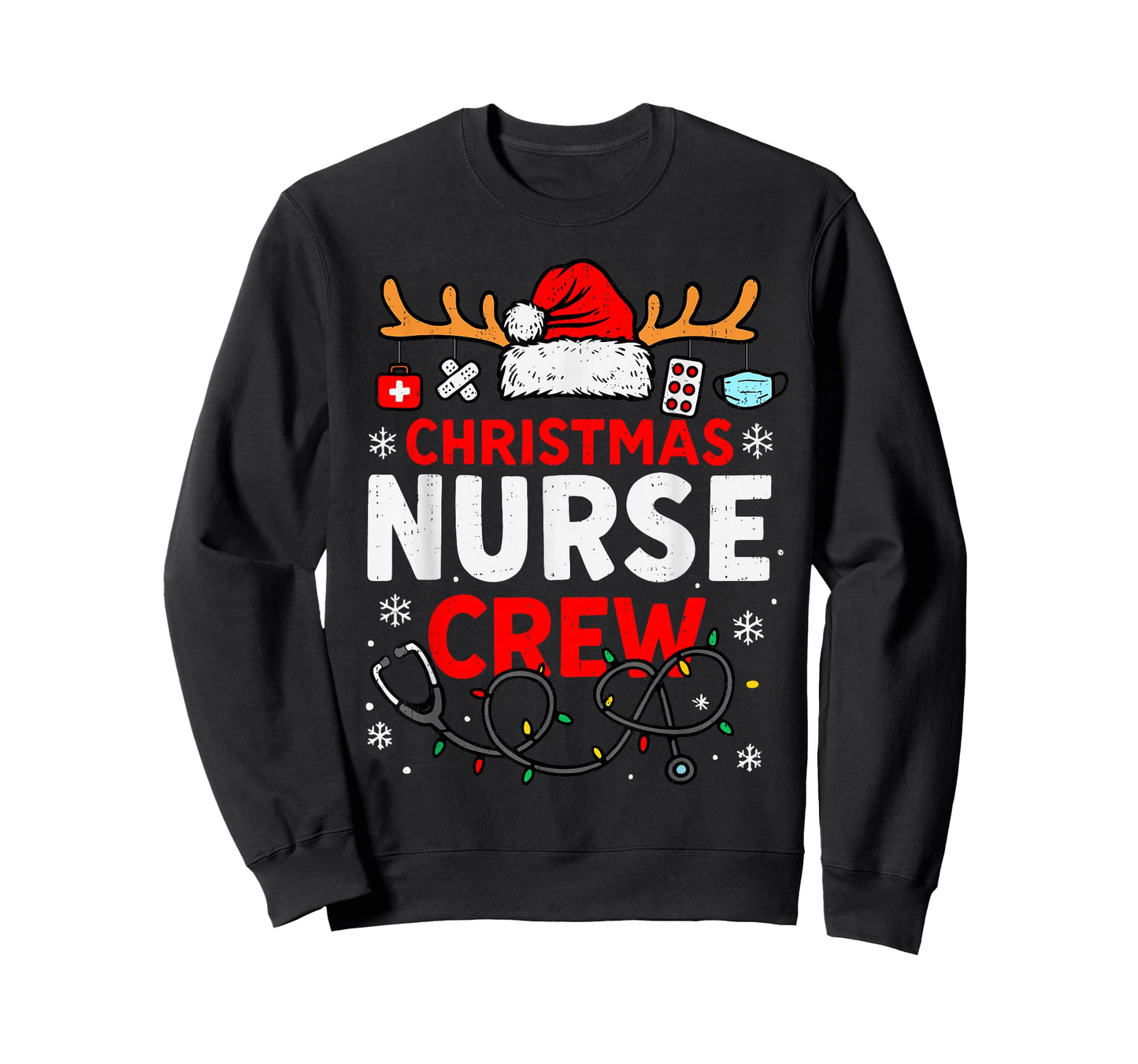 Funny Christmas Nurse Crew Stethoscope Santa Lights Holiday T-Shirt