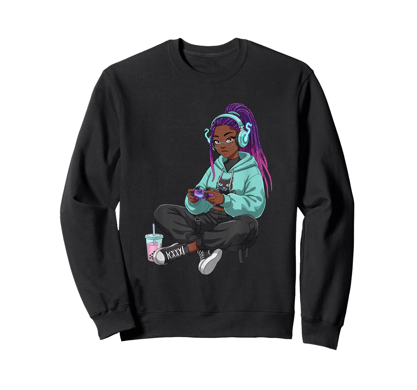 Gaming Boba Tea Anime Afro African American Gamer Black Girl T-Shirt