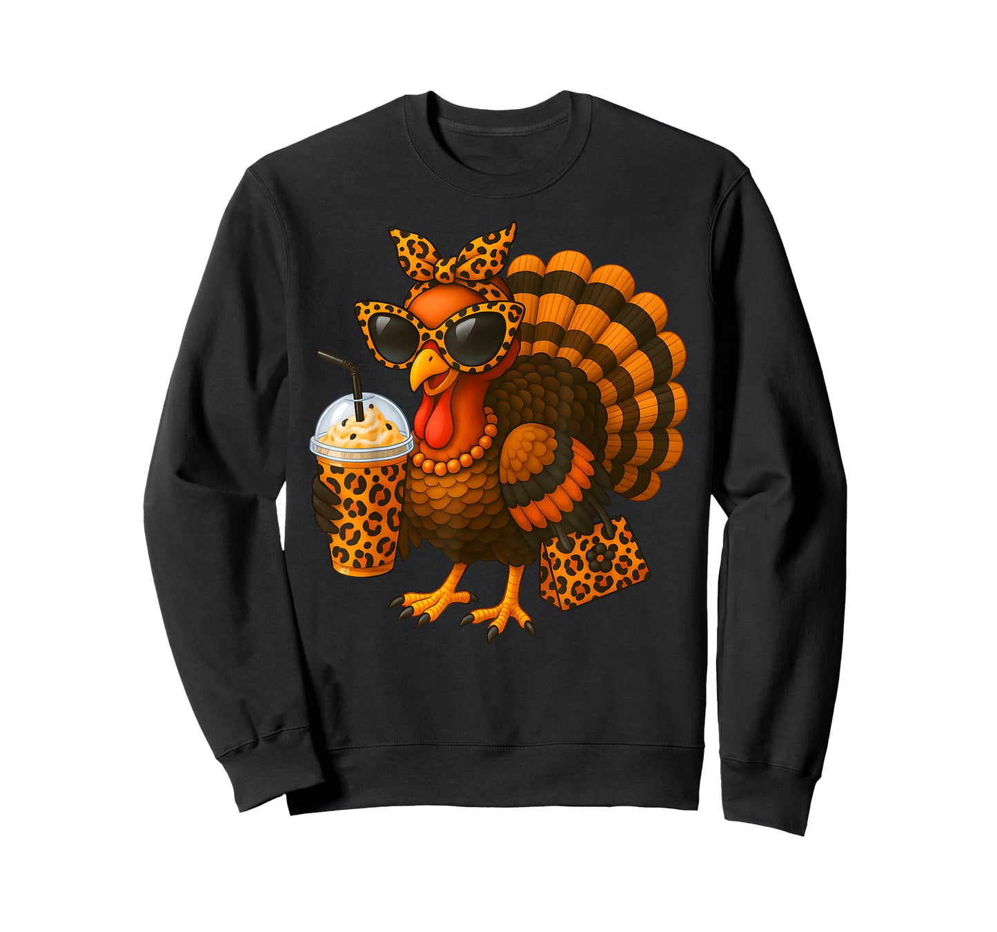 Thanksgiving Turkey Drinking Coffee Leopard Women Girl T-Shirt