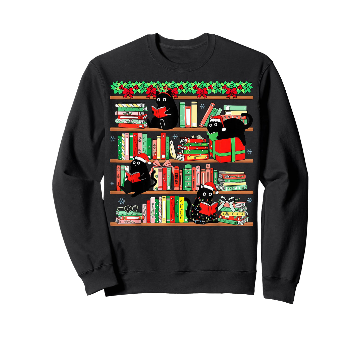 Christmas Black Cat Santa Bookshelves Book Lover Reader T-Shirt