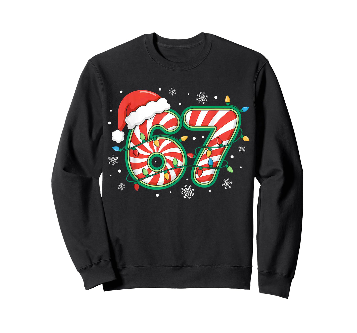 Christmas 67 Six Seven Meme Candy Cane Santa Hat Xmas Lights T-Shirt