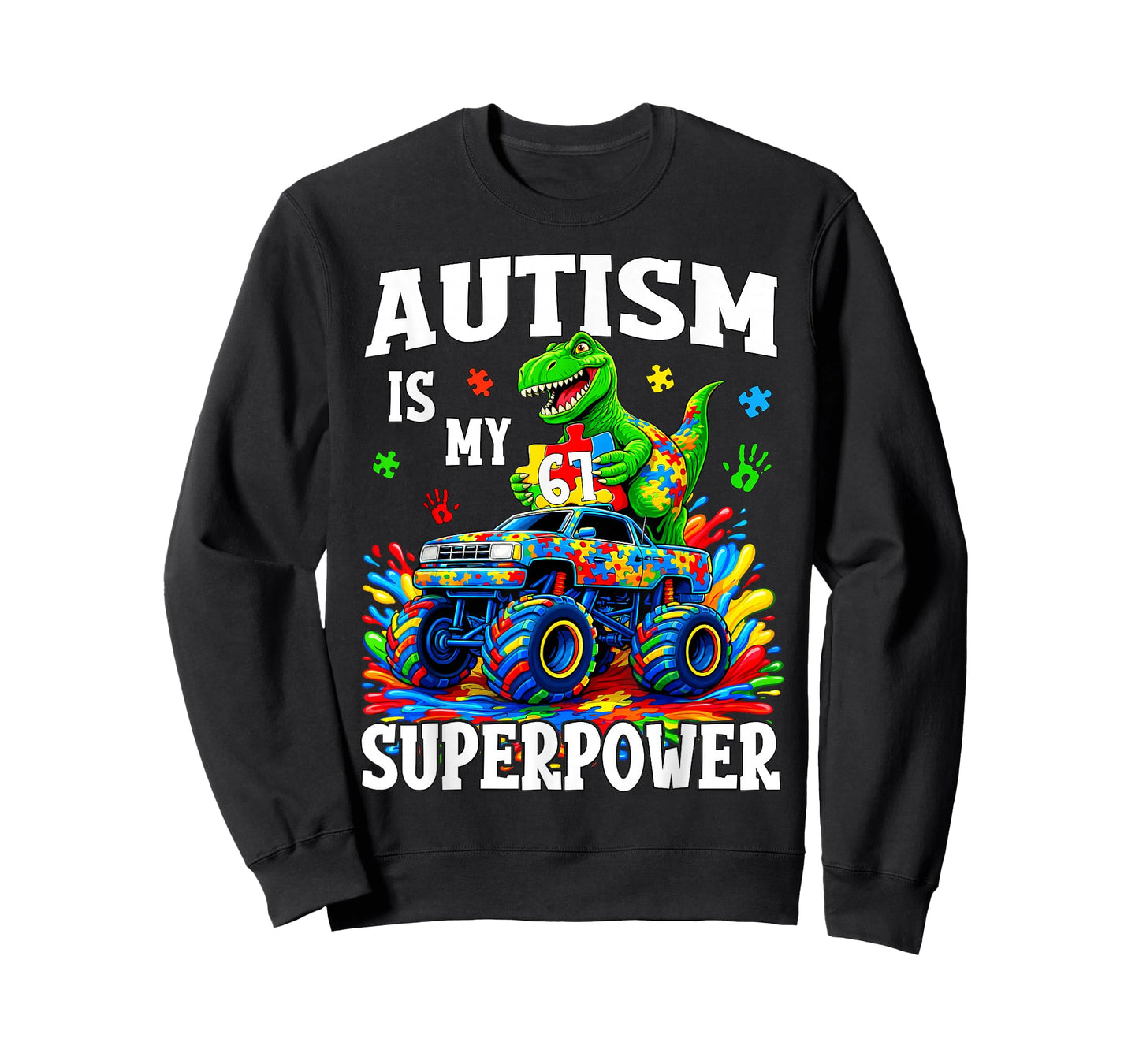Autism is My Superpower 67 Six Seven Dino Monster Truck Boys T-Shirt