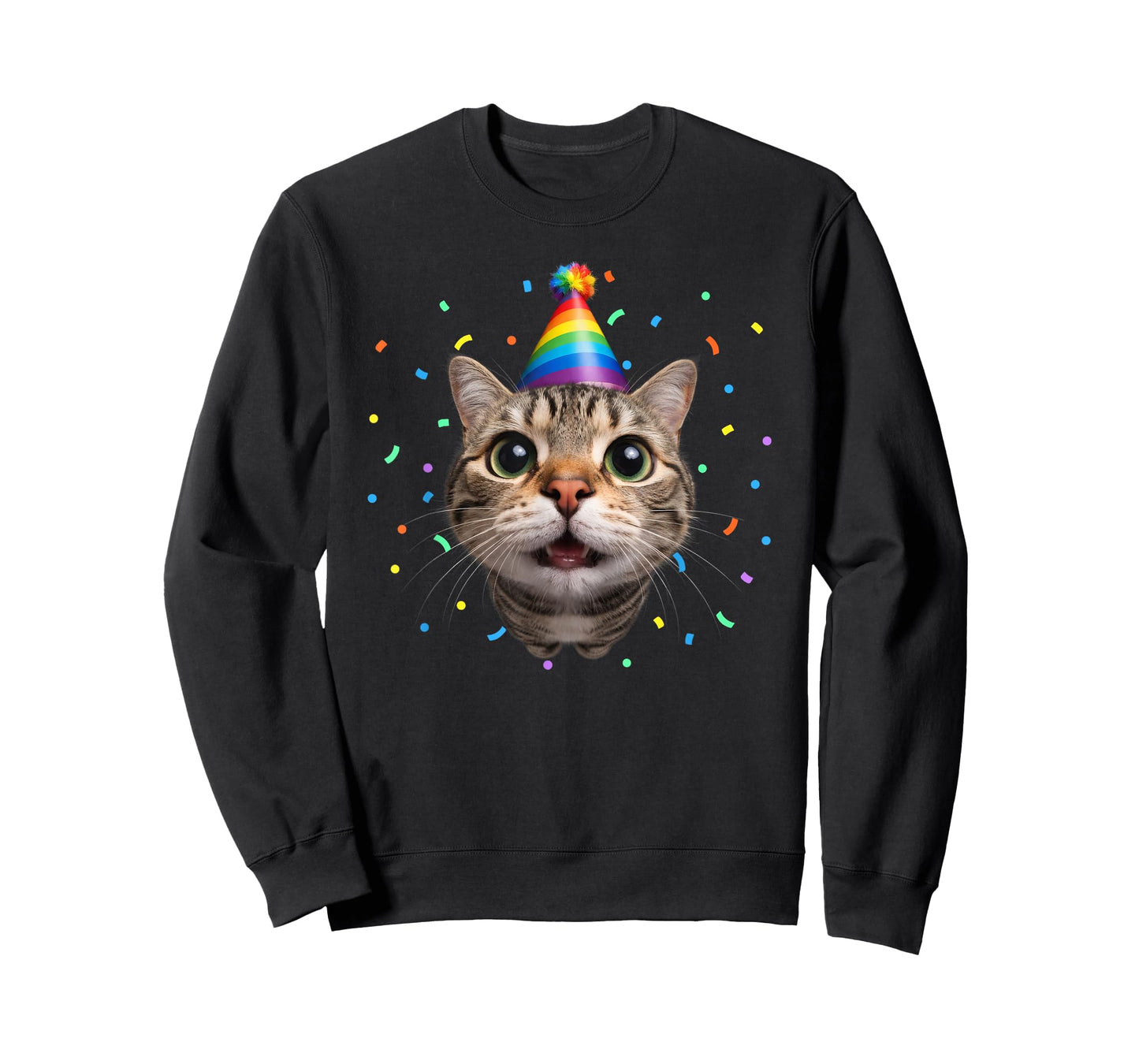Funny Tabby Cat Face Rainbow Party Hat Cute Birthday Kitty T-Shirt