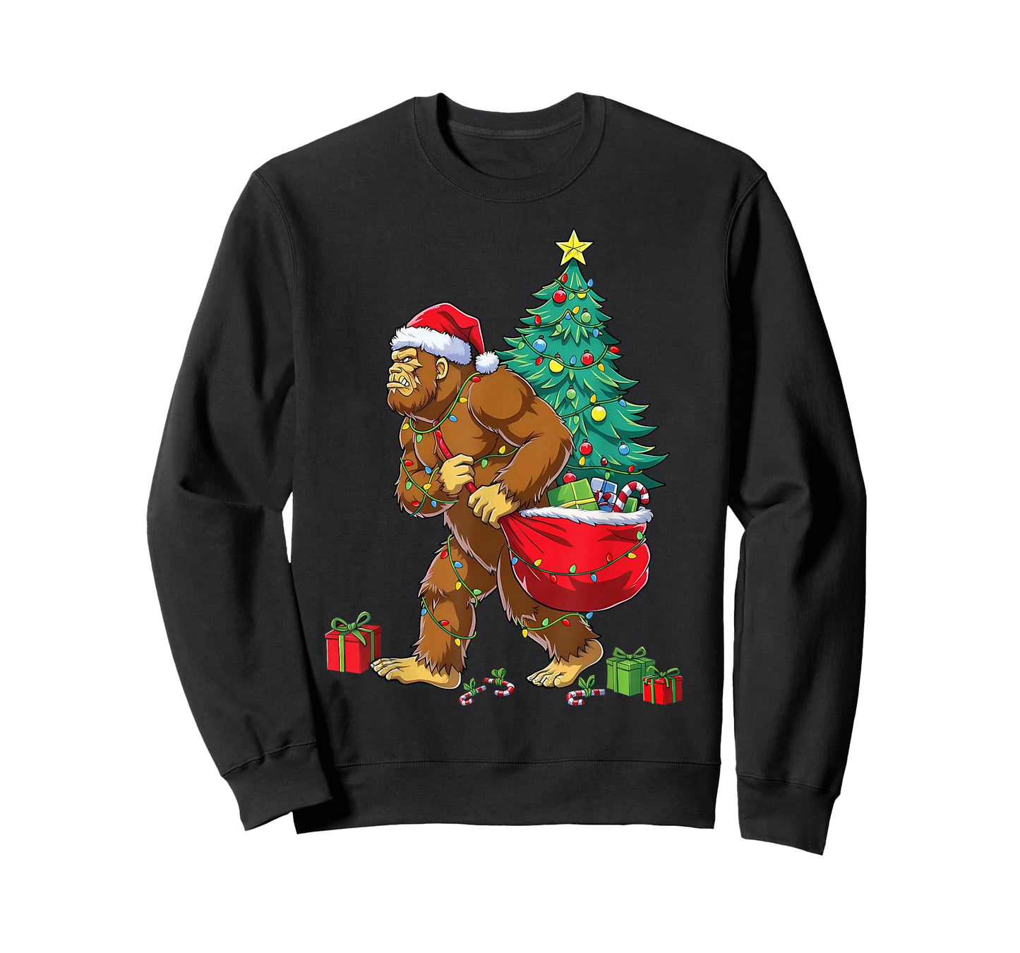 Santa Bigfoot Christmas Tree Xmas Lights Funny Sasquatch T-Shirt