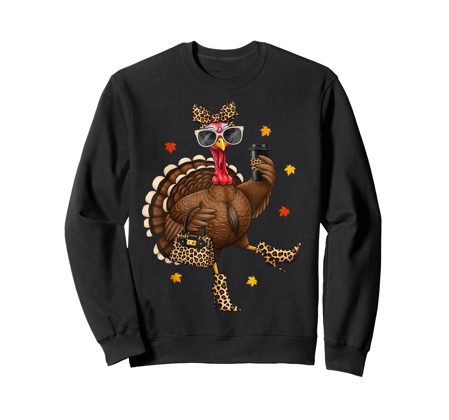 Leopard Turkey Drinking Coffee Thanksgiving Women Turkey Day T-Shirt