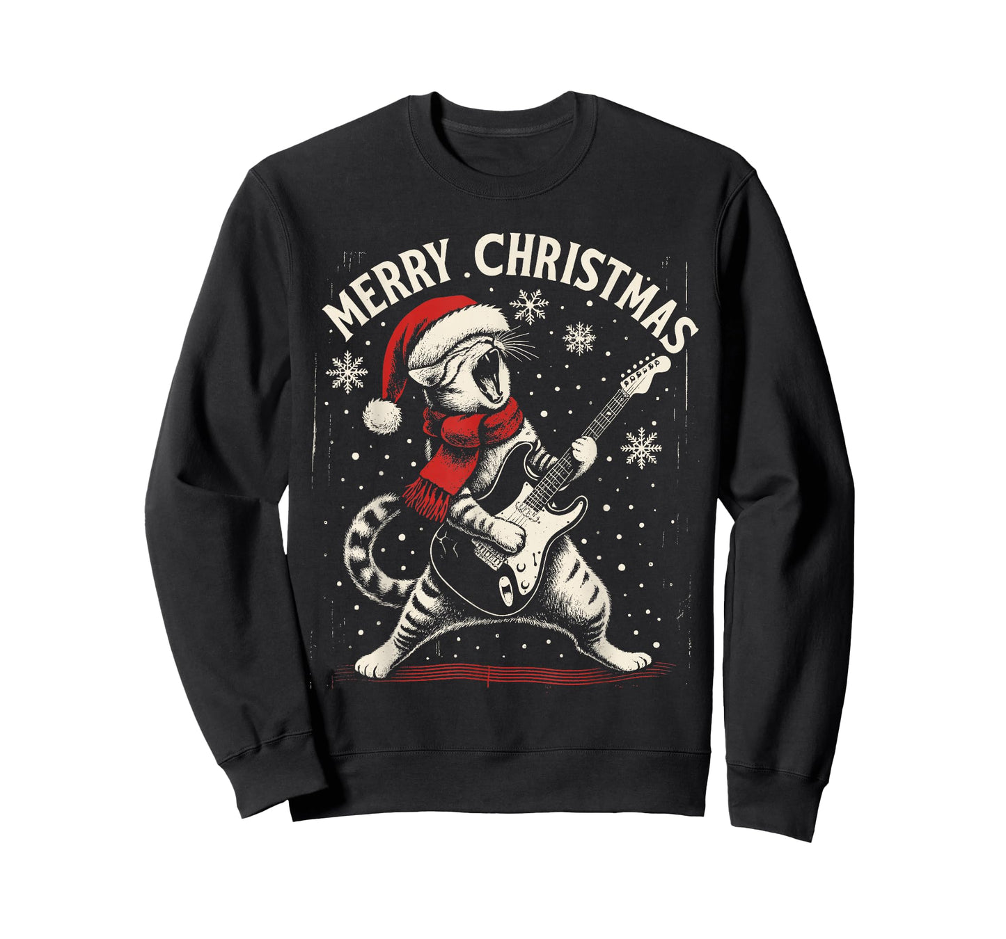 Funny Christmas Rock Cat Playing Guitar Santa Hat Music T-Shirt