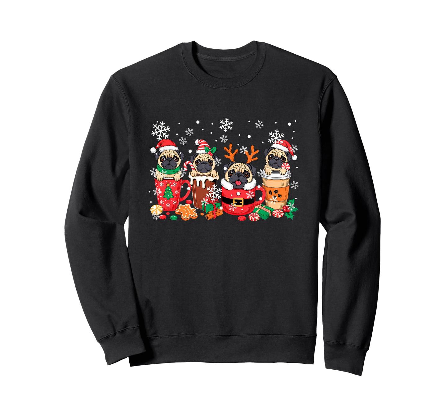 Group Santa Reindeer Pugs in Coffee Cups Christmas T-Shirt
