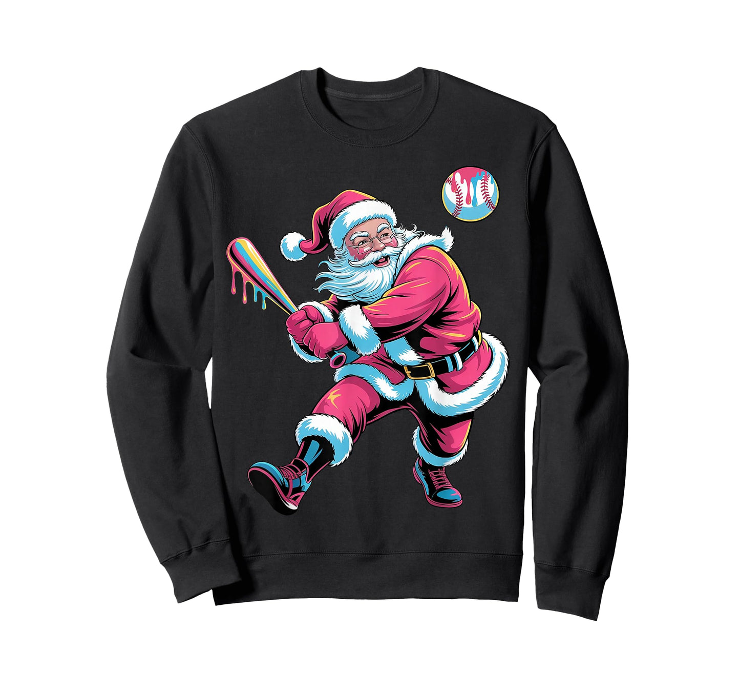Christmas Baseball Santa Claus Batter Baseball Drip Xmas T-Shirt