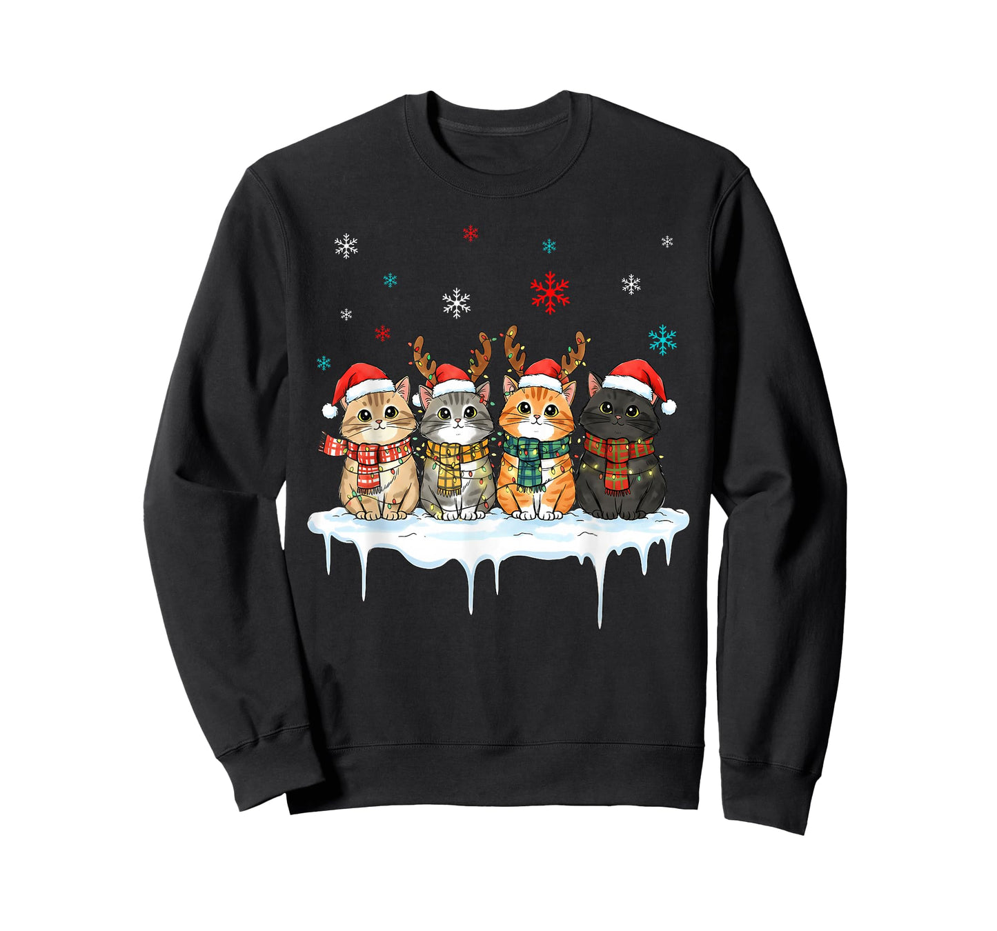 Cute Christmas Cats Lights Santa Hats Xmas Matching Family T-Shirt