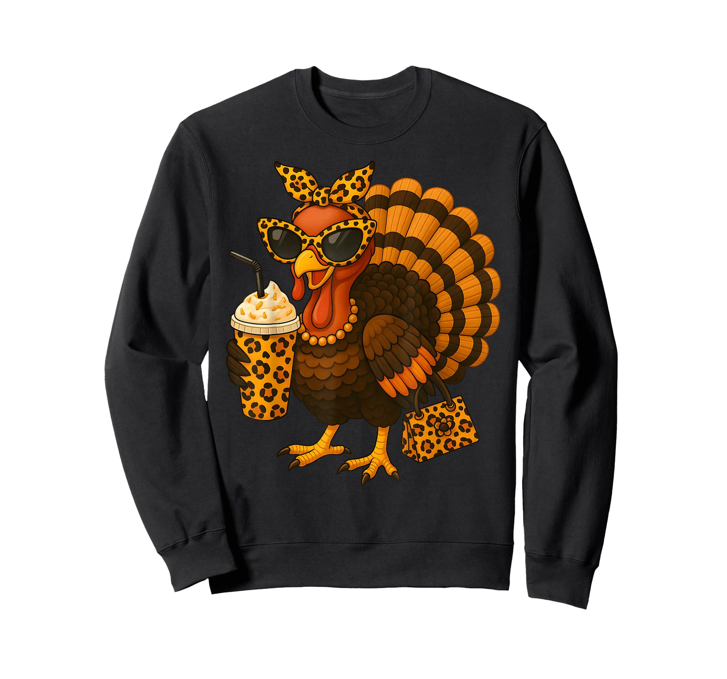 Thanksgiving Turkey Drinking Coffee Leopard Women Girl T-Shirt