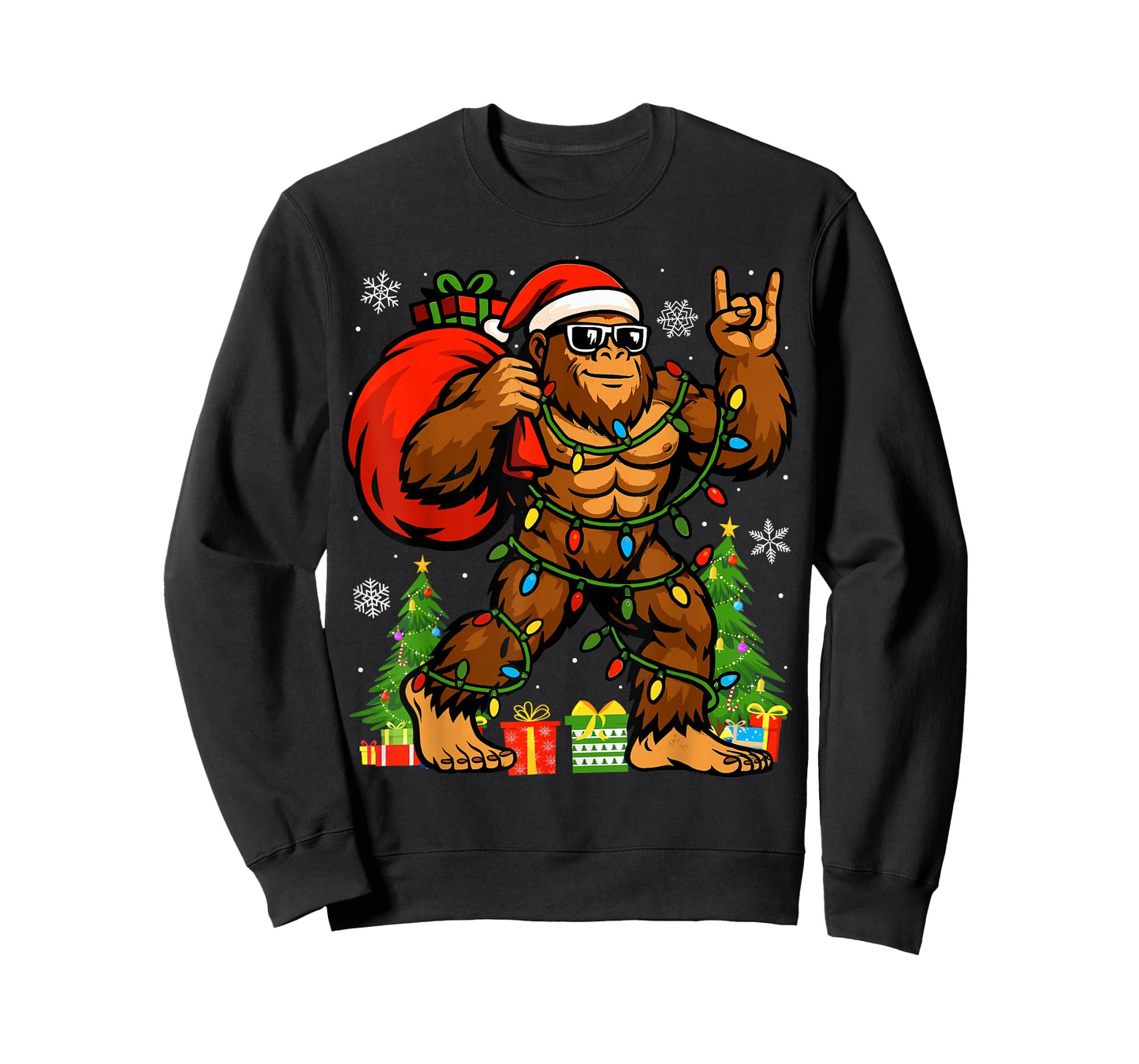 Santa Bigfoot Christmas Tree Xmas Lights Funny Sasquatch T-Shirt