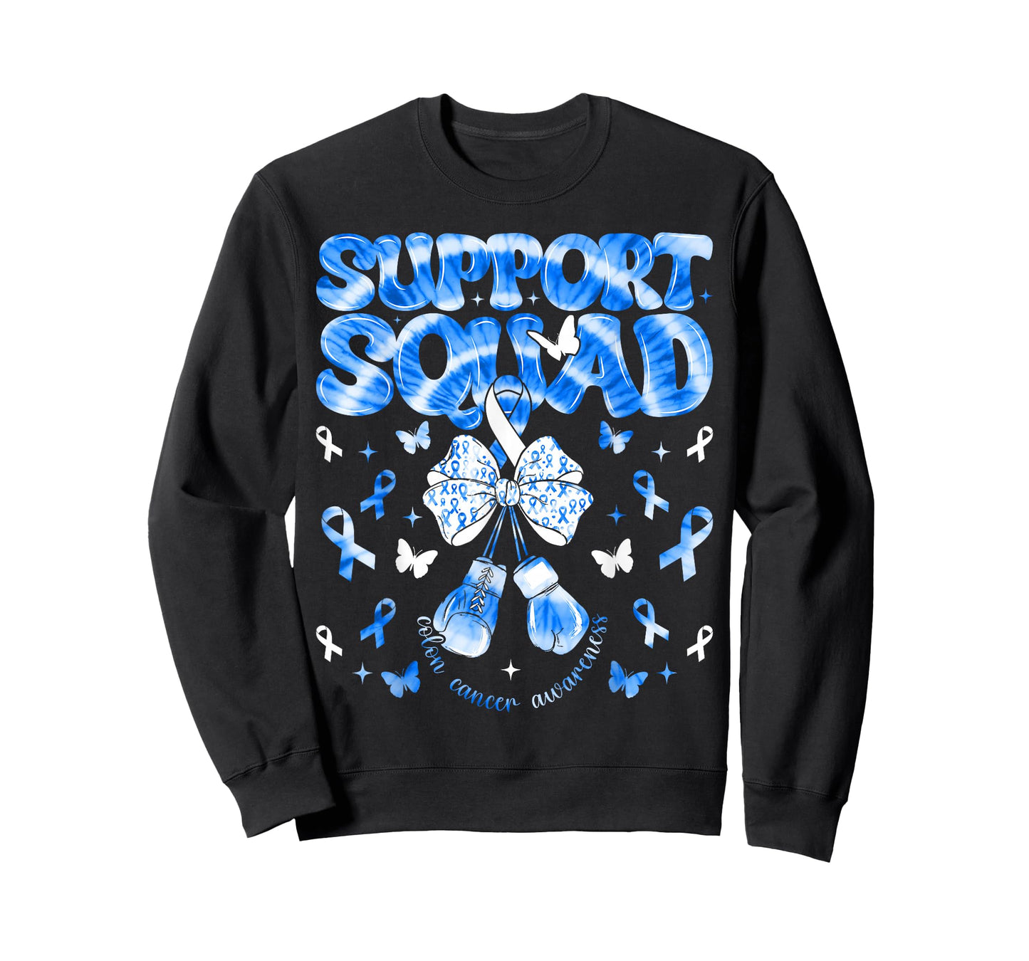 Colon Cancer Awareness Support Squad Blue Ribbon Bow Tie Dye T-Shirt