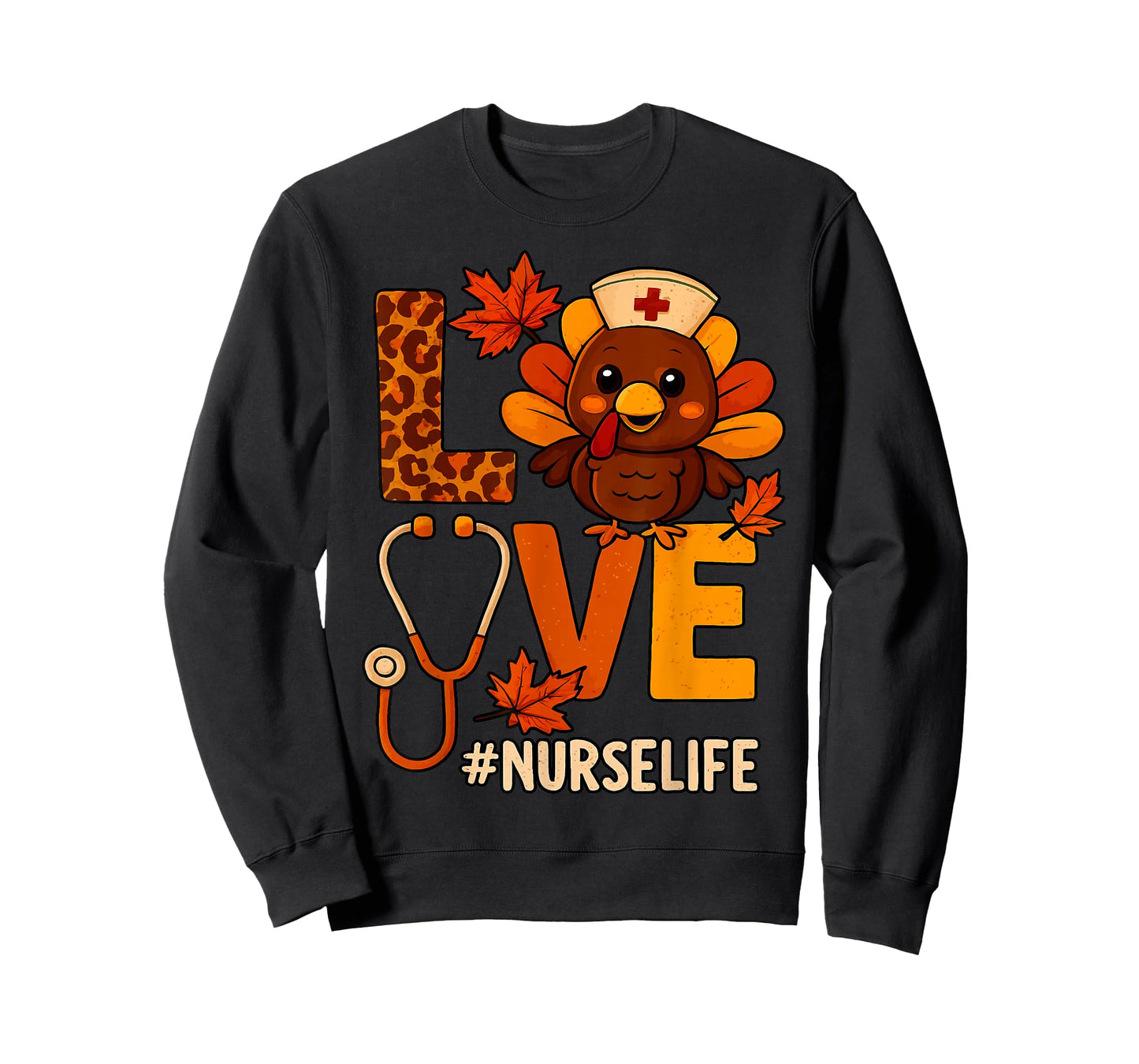 Love Nurse Life Thanksgiving Turkey Fall Scrubs Stethoscope T-Shirt