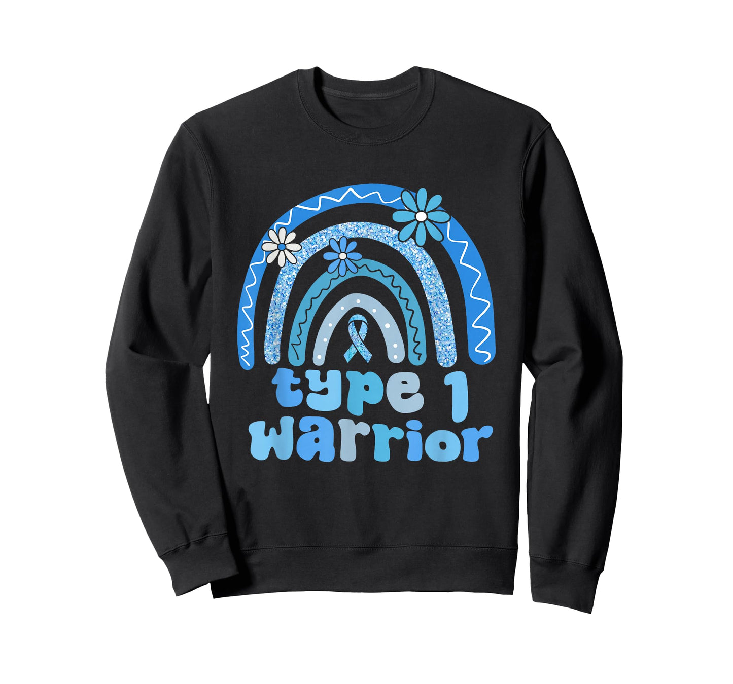Type 1 Warrior Flower Rainbow Diabetes Awareness Blue Ribbon T-Shirt