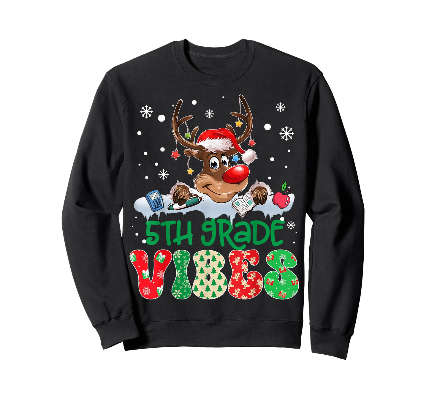 Reindeer Santa Hat 5th Grade Vibes Teacher Christmas Kids T-Shirt