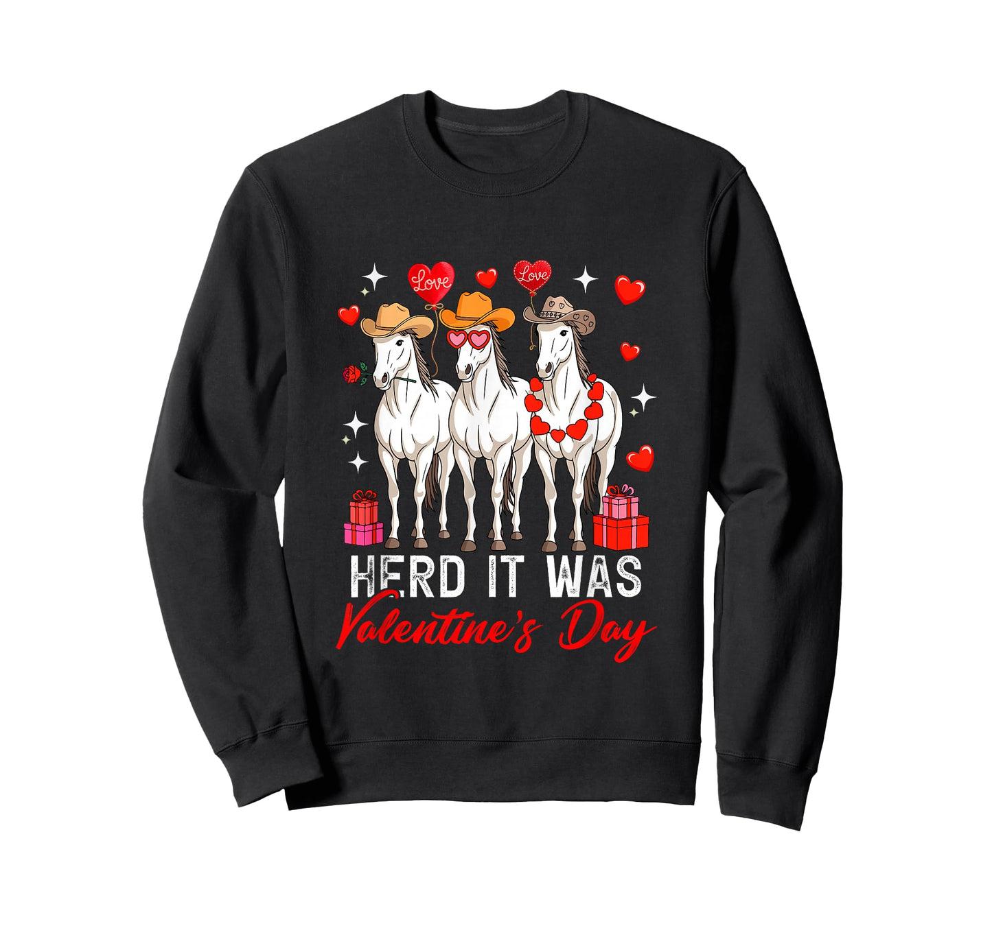 Herd It was Valentine's Day Three Cute Horses Floral Hearts T-Shirt