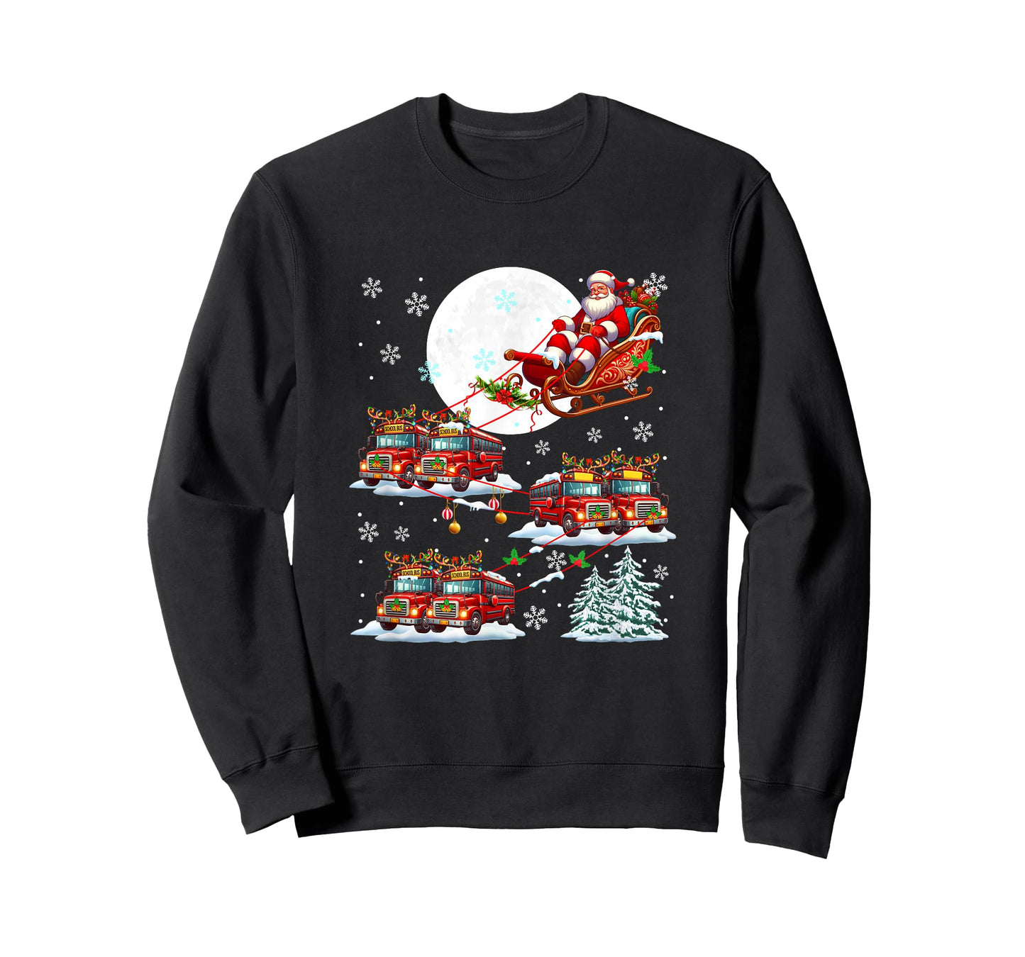 Santa Sleigh Reindeer School Buses Matching Driver Christmas T-Shirt