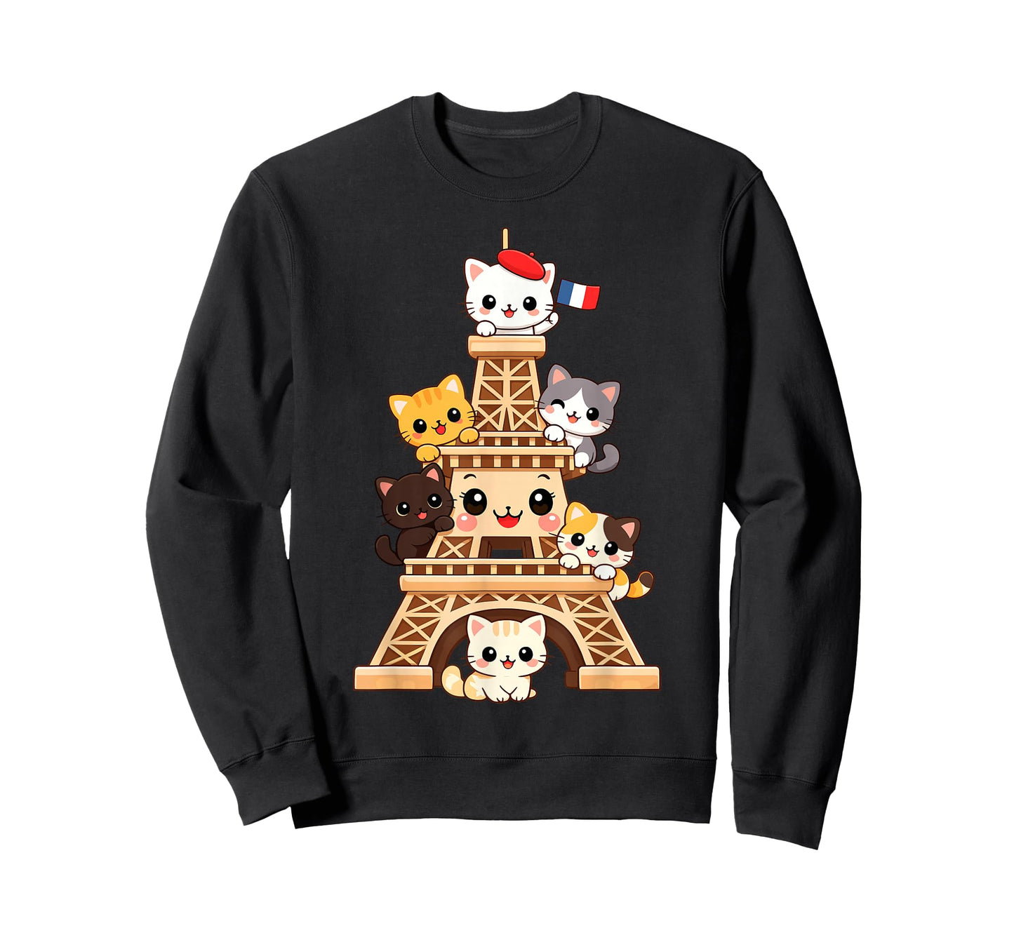 Meowffel Tower Cute Kawaii Paris Cat Cartoon Funny Cat Art T-Shirt