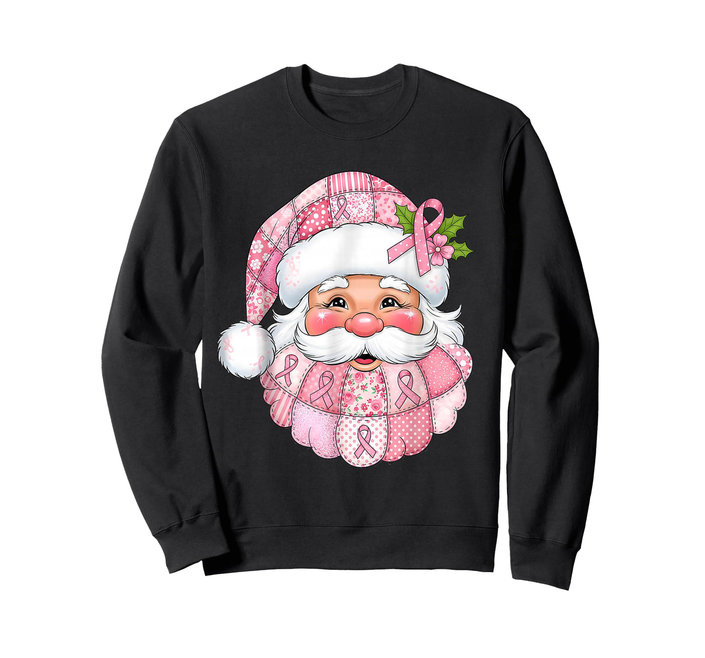 Pink Patchwork Santa Breast Cancer Awareness Christmas T-Shirt