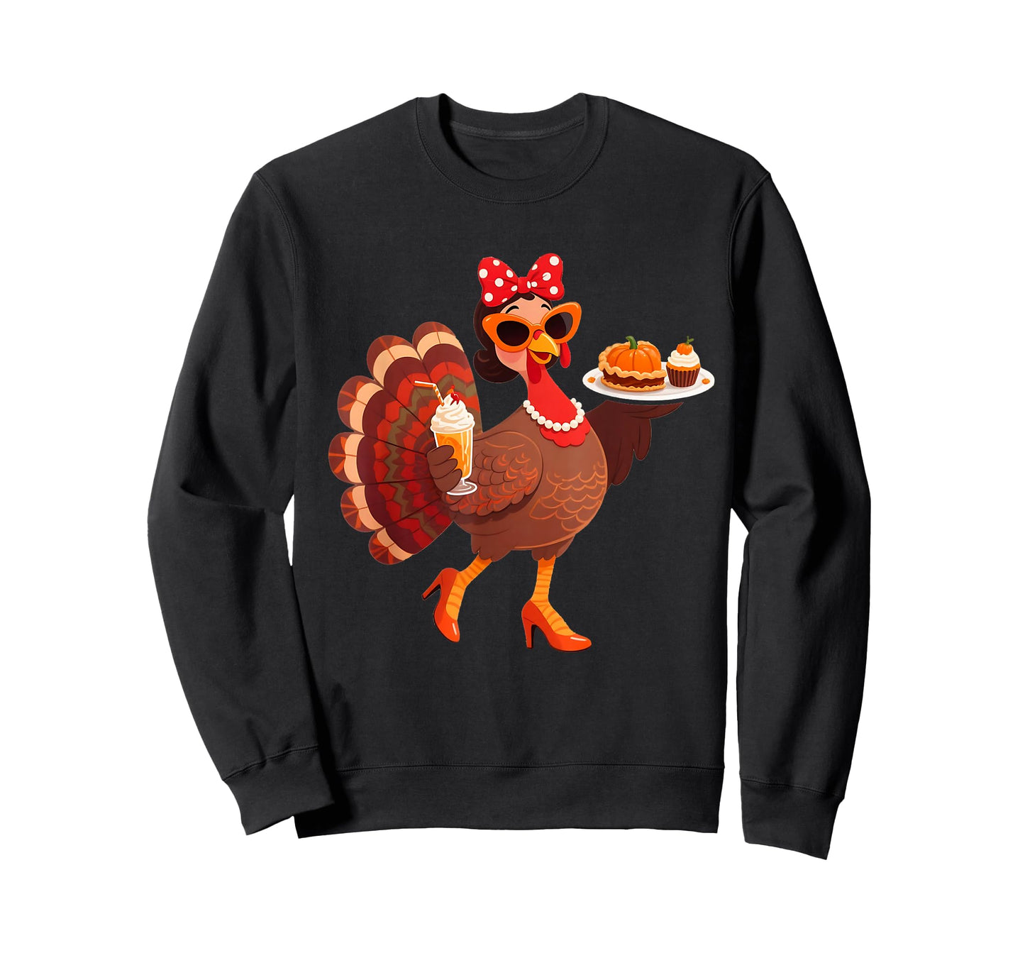 Funny Thanksgiving Lady Turkey Bow Drinking Coffee with Pie T-Shirt