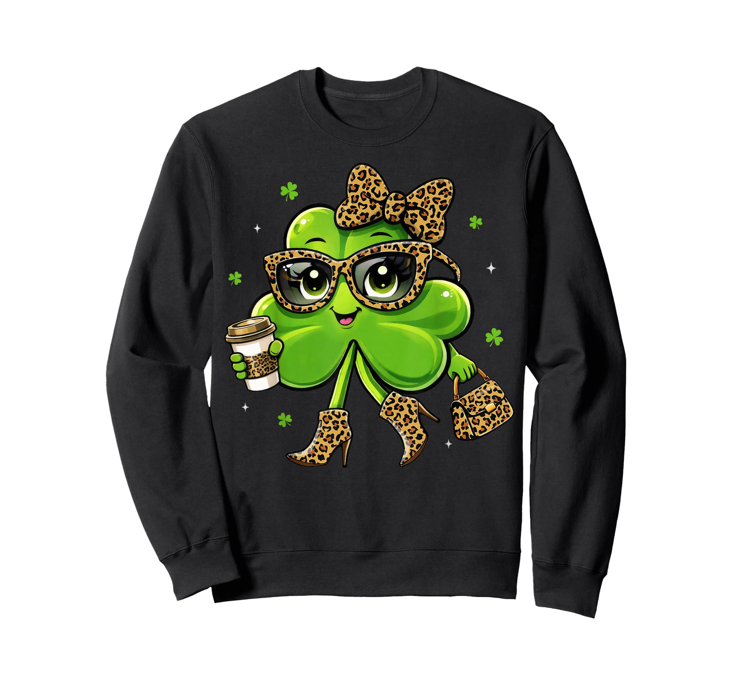 Leopard Shamrock Drinking Coffee St Patricks Day Women Girls T-Shirt