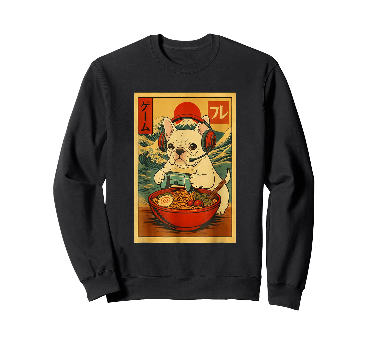 French Bulldog Dog Gaming Ramen Ukiyo-e Great Wave Retro Art T-Shirt