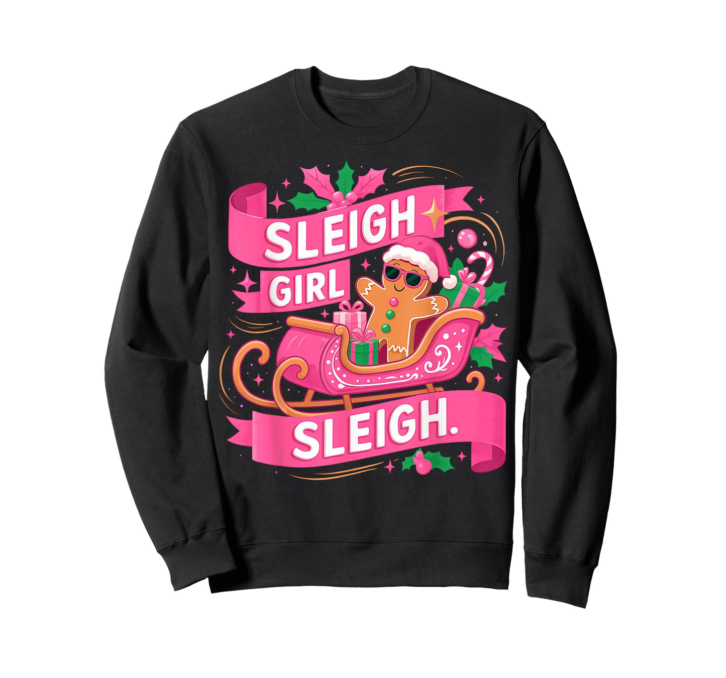 Gingerbread Sleigh Girl Pink Funny Christmas Women Girls T-Shirt
