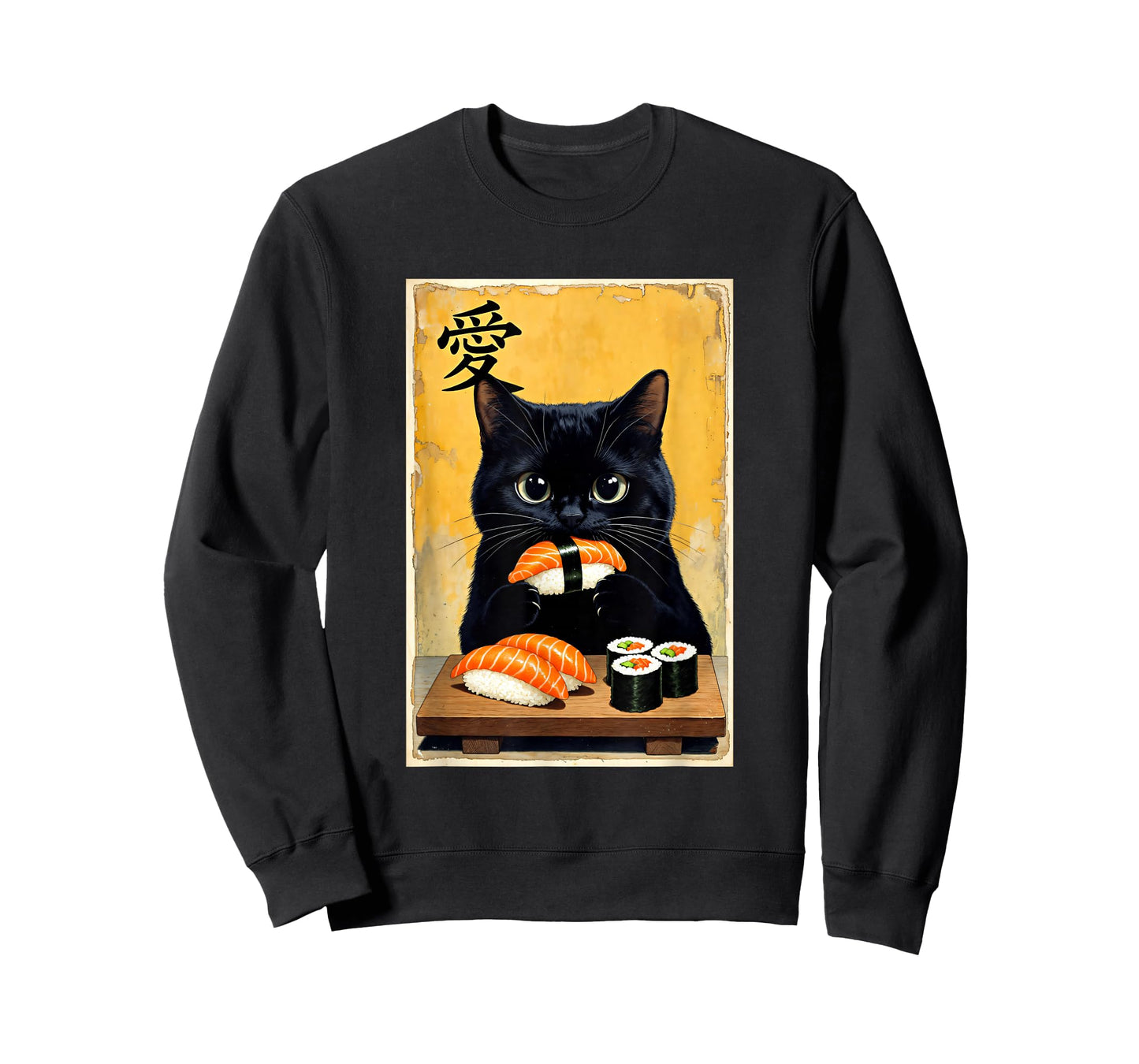 Cute Kawaii Black Cat Eating Sushi Funny Japanese Black Cat T-Shirt
