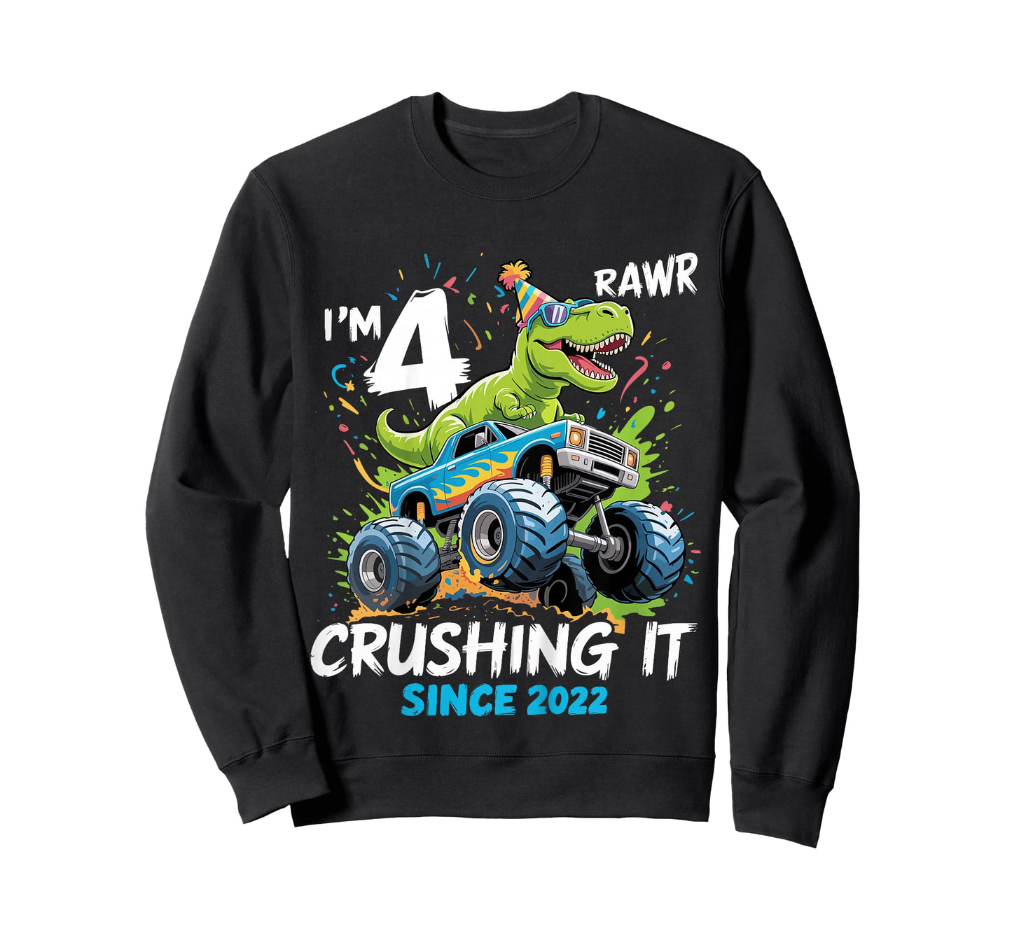 Kids 4th Birthday Monster Truck Dinosaur 4 Year Old boy Born 2022 T-Shirt