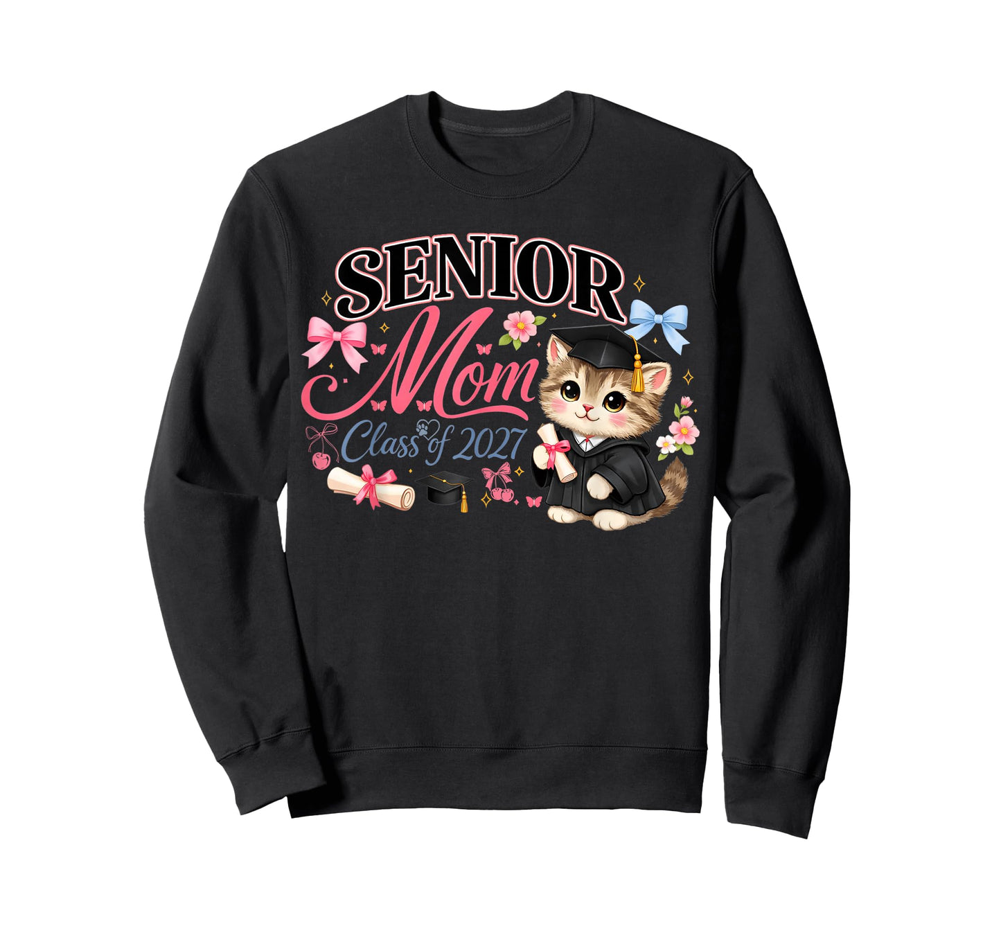 Senior Mom Class of 2027 Cute Cat Graduation Pink Bows Girls T-Shirt