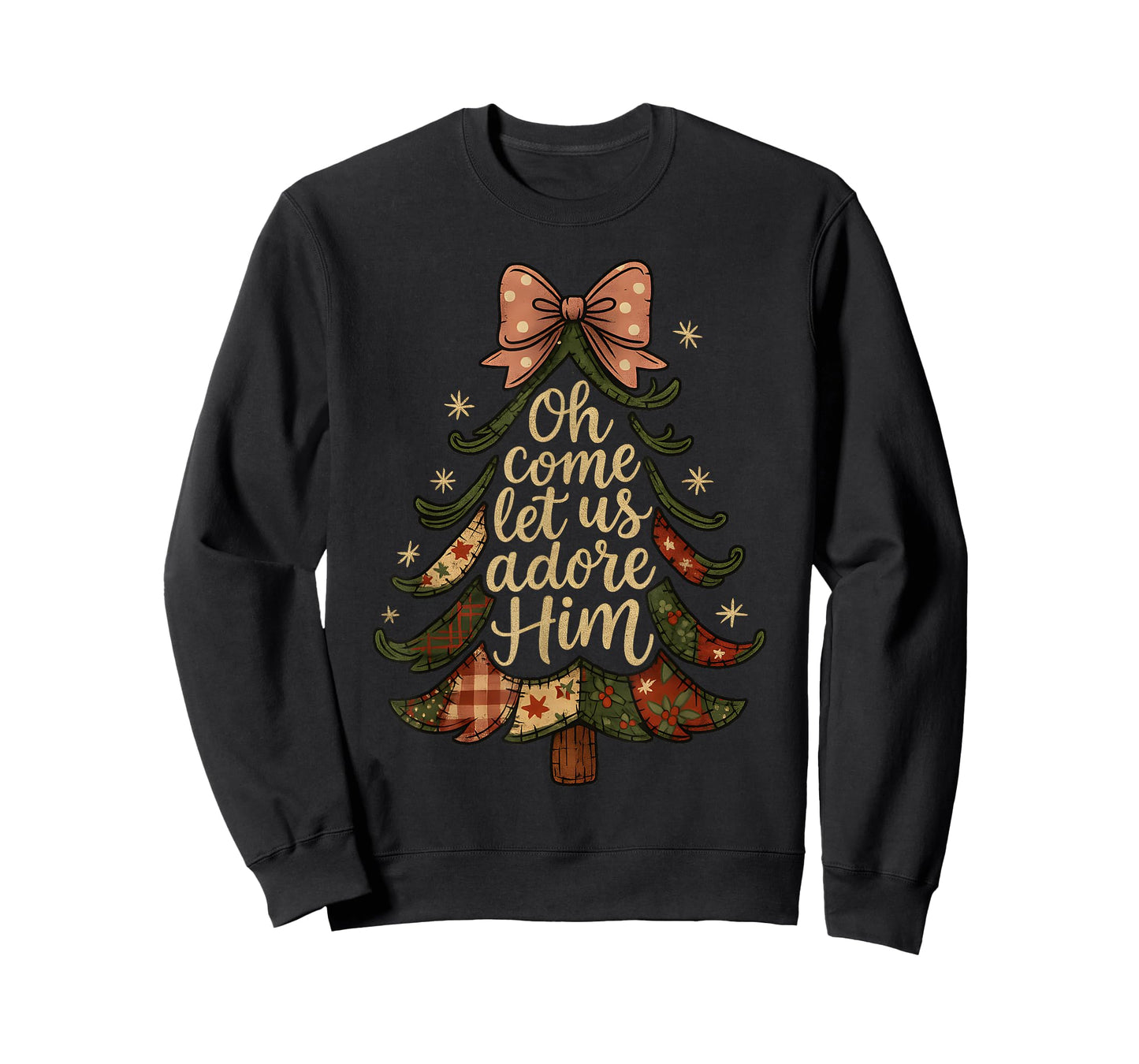 Oh Come Let Us Adore Him Patchwork Christmas Tree Art T-Shirt