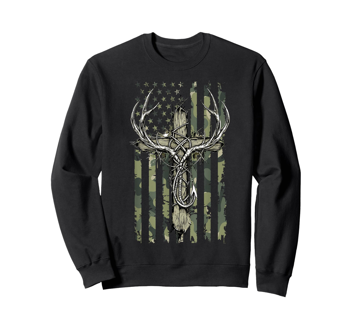Deer Antlers Fishing Hook Christian Cross Camo Flag Men Boys T-Shirt