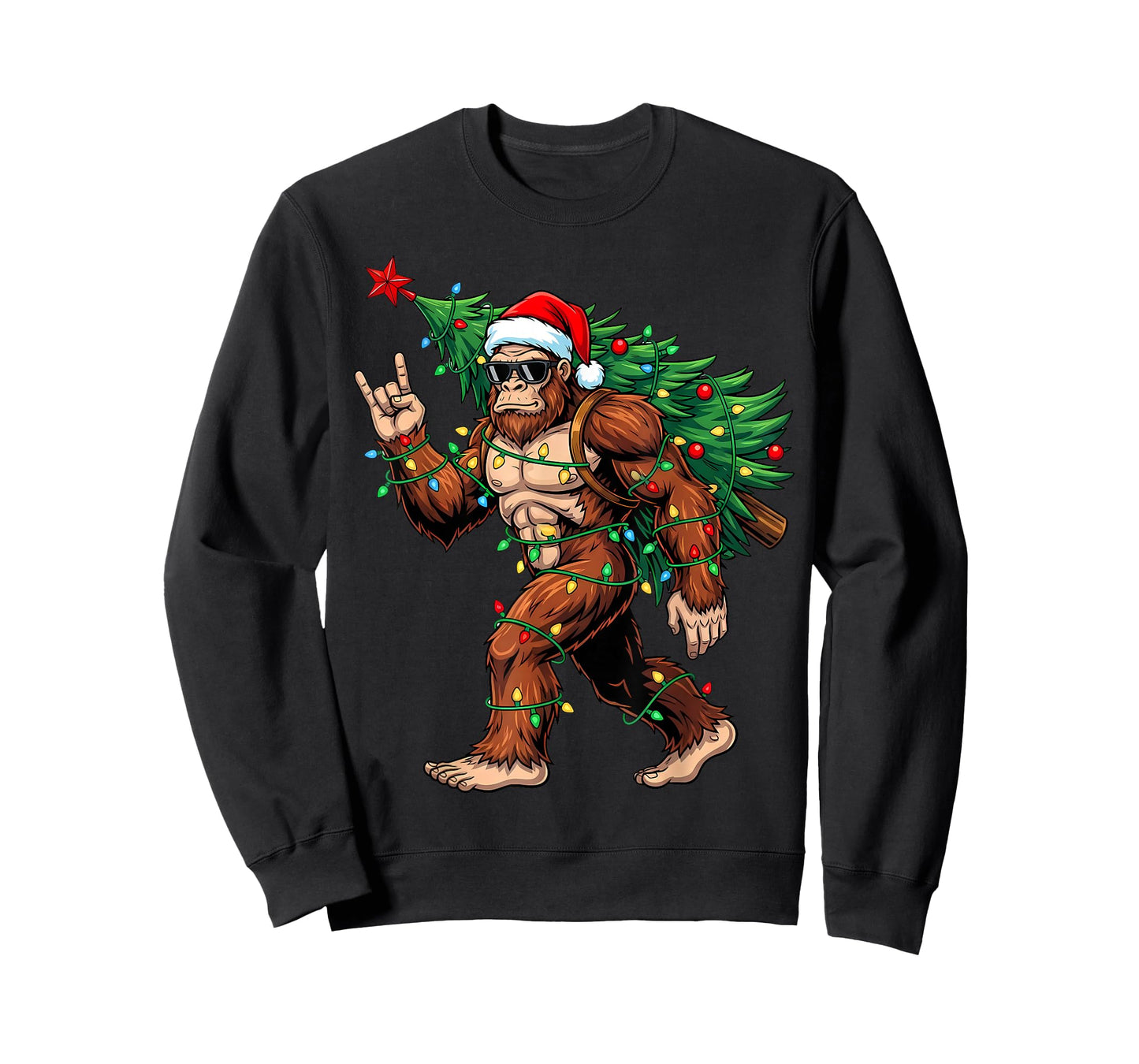 Santa Bigfoot Christmas Tree Xmas Lights Funny Sasquatch Men T-Shirt