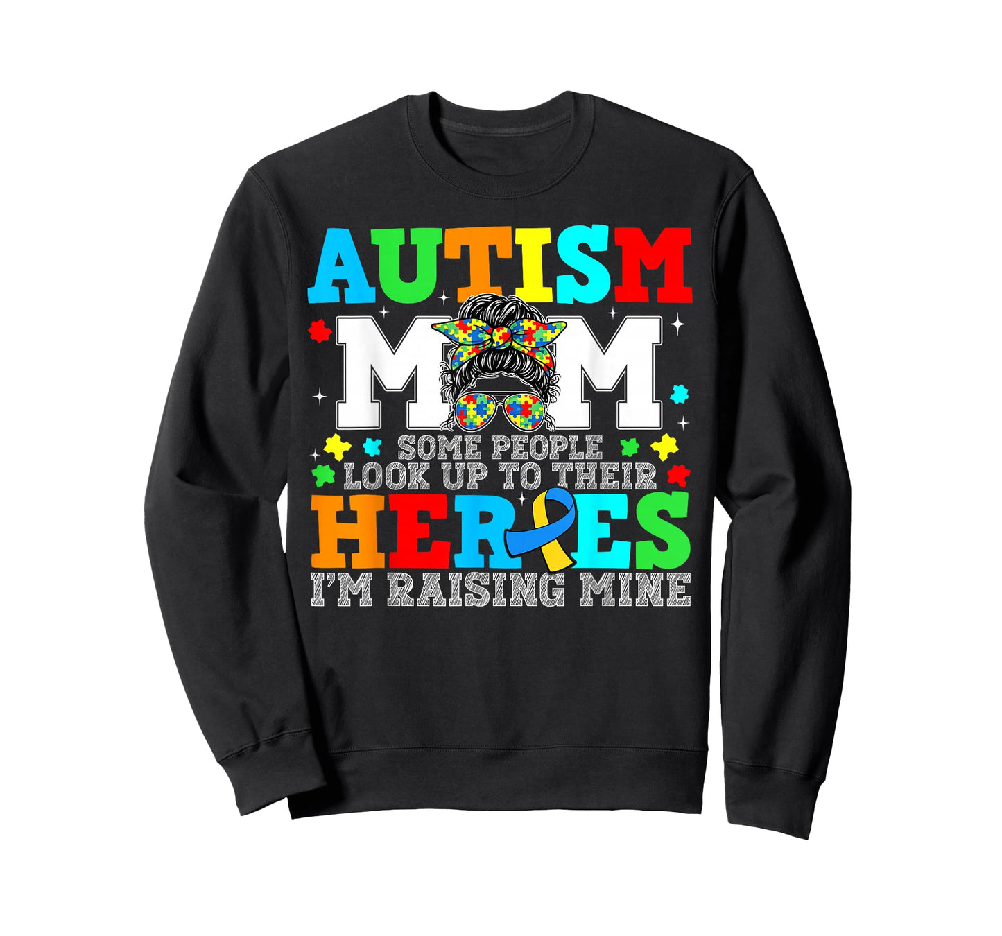 Autism Awareness Puzzle Messy Bun Raising Hero Mom Women T-Shirt