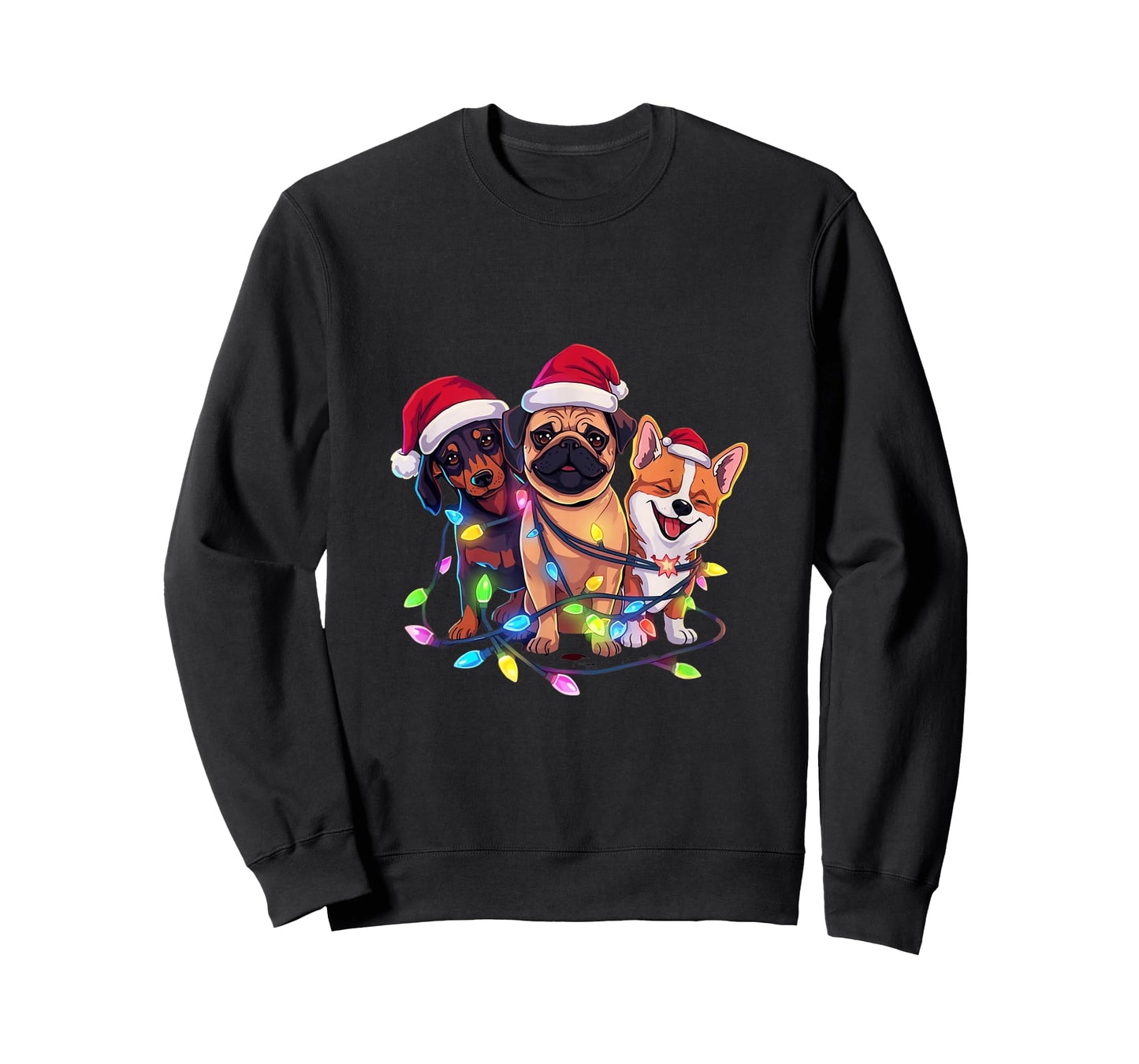 Festive Christmas Dogs with Lights and Santa Hats T-Shirt