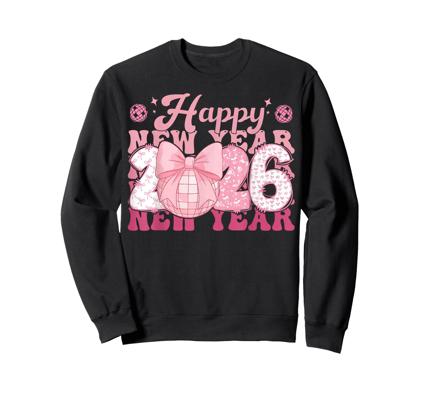 Happy New Year 2026 Disco Ball Pink Coquette Bow Women T-Shirt