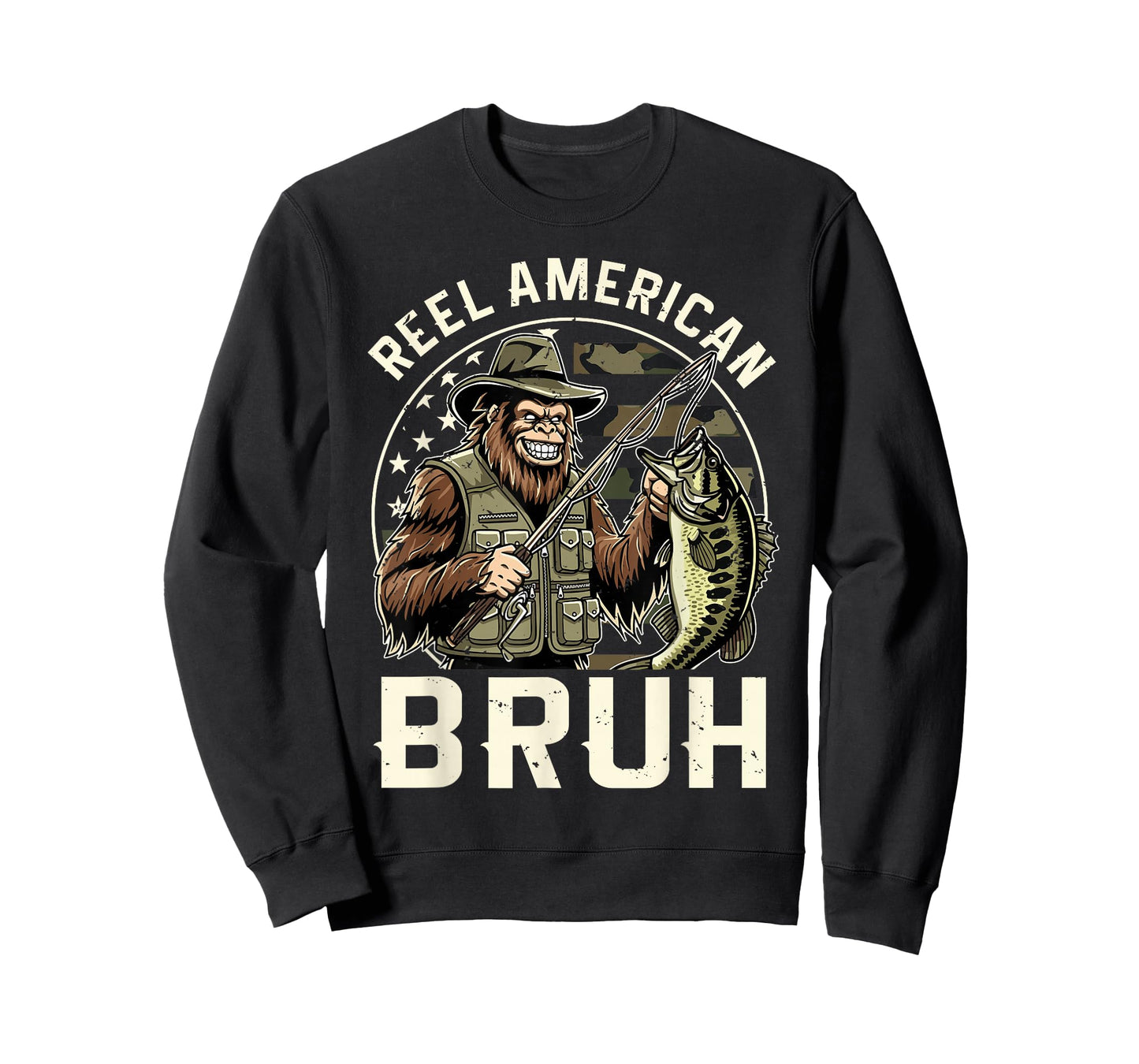 Reel American Bruh Bigfoot USA Flag Camo Fishing T-Shirt