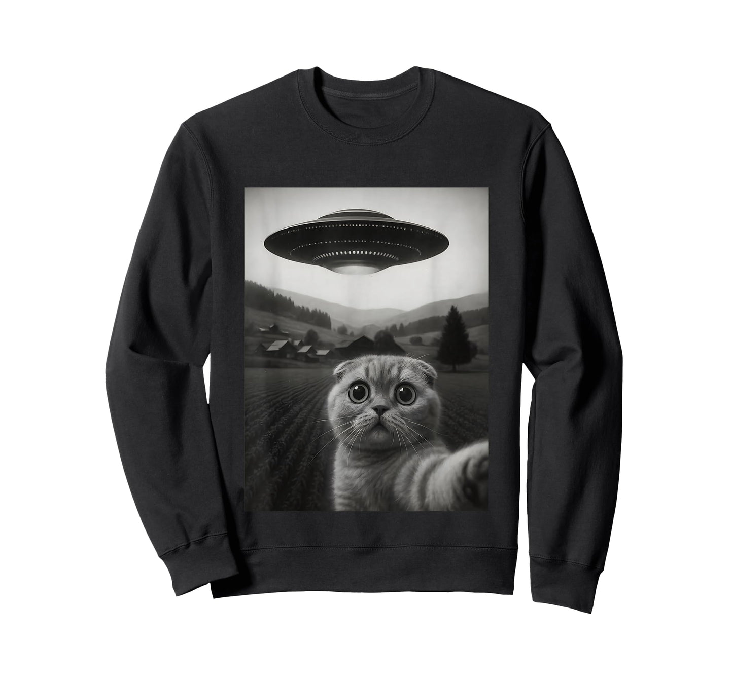 Scottish Fold Cat Selfie Funny Alien Abduction Meme Artwork T-Shirt