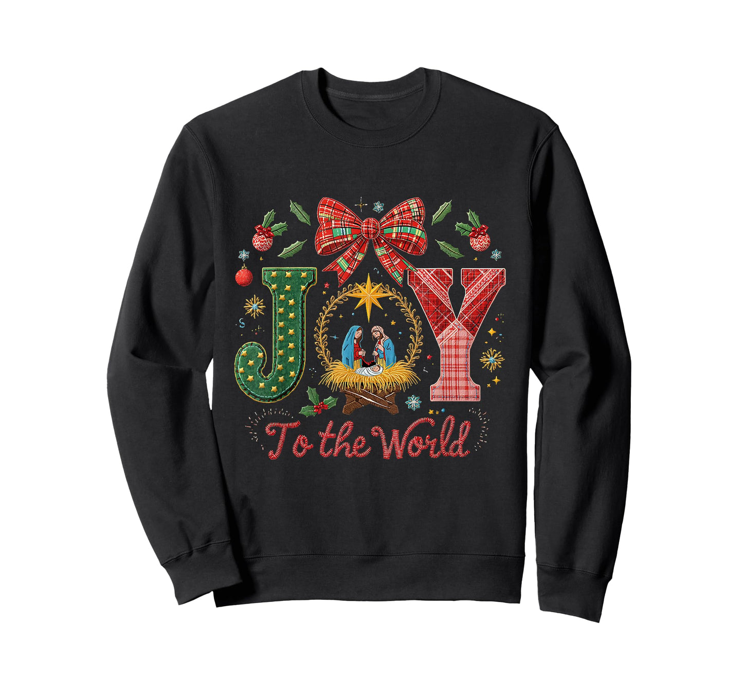 Joy to The World Patchwork Nativity Christmas T-Shirt