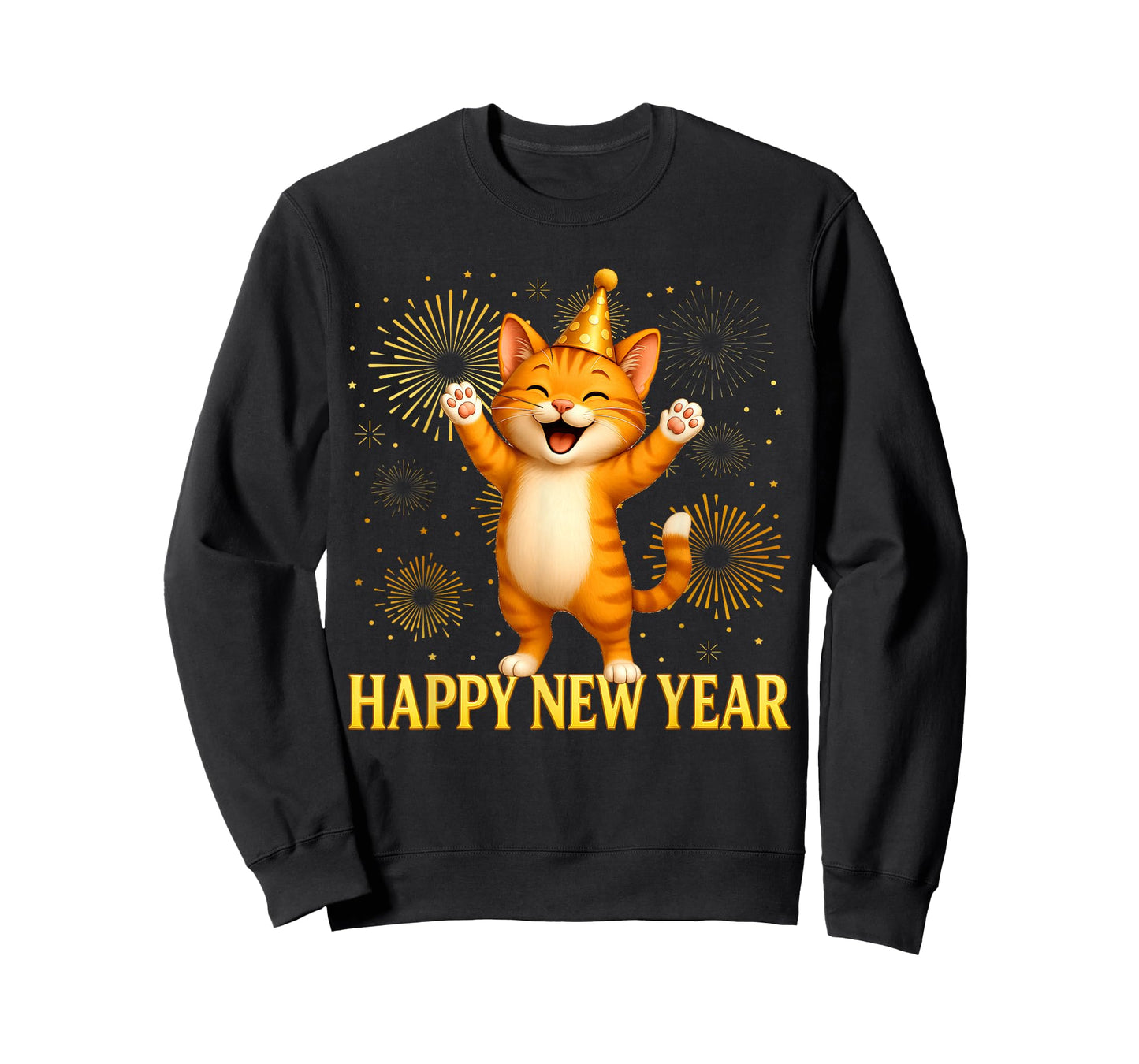 Happy New Year Cat Fireworks New Years Eve Party 2026 Kids T-Shirt