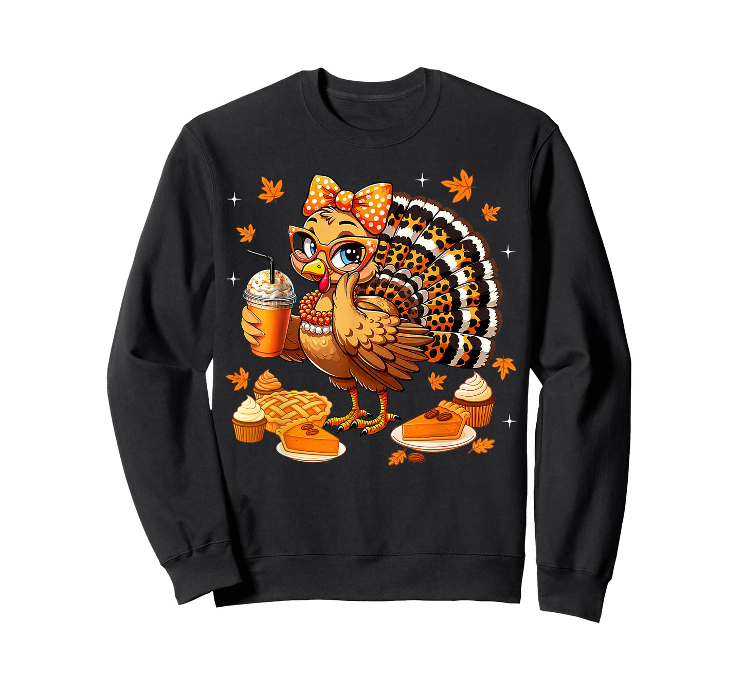 Leopard Turkey Drinking Coffee Bow Thanksgiving Women Girls T-Shirt
