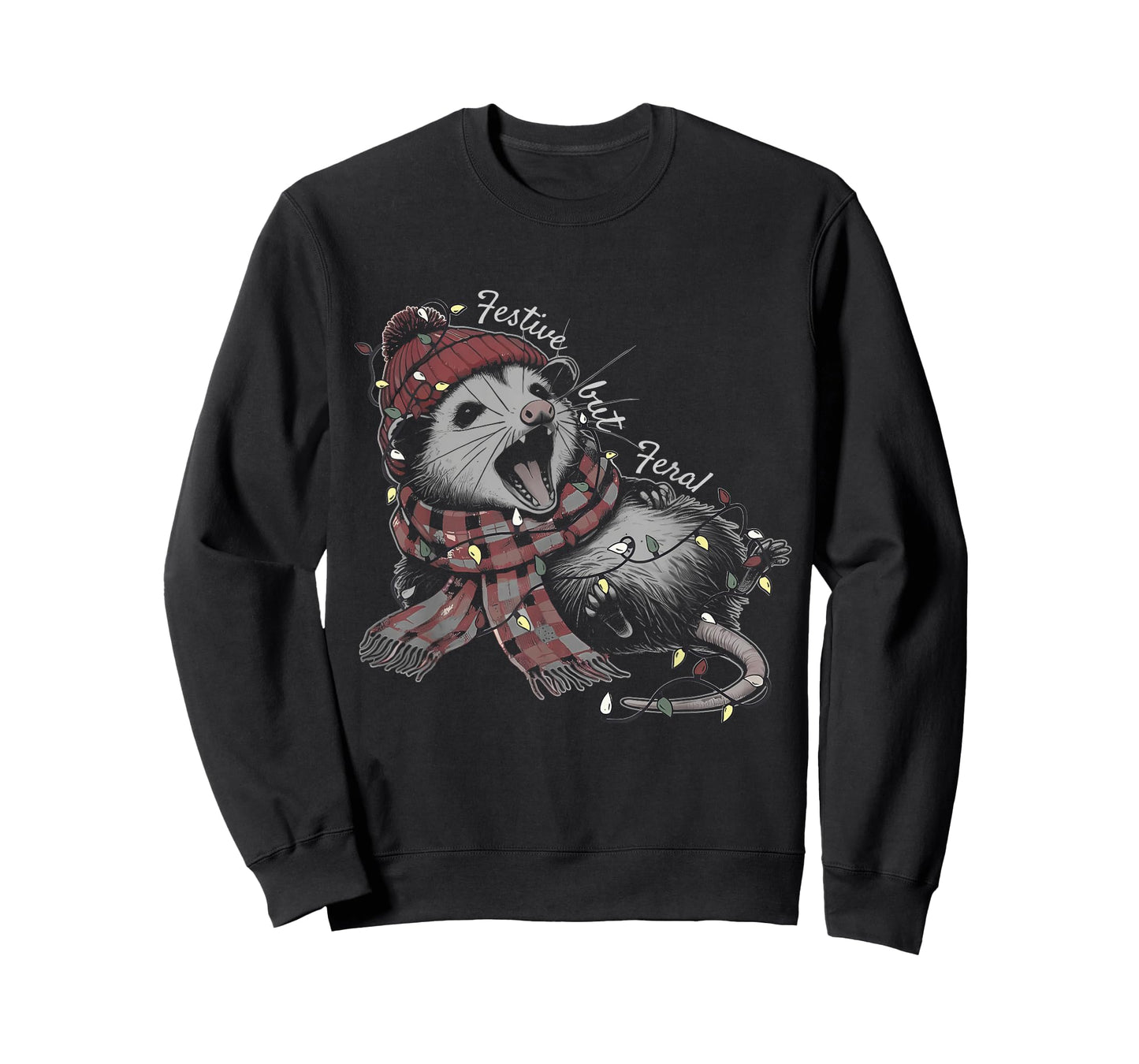 Cute Funny Festive But Feral Opossum Christmas Tree Lights T-Shirt